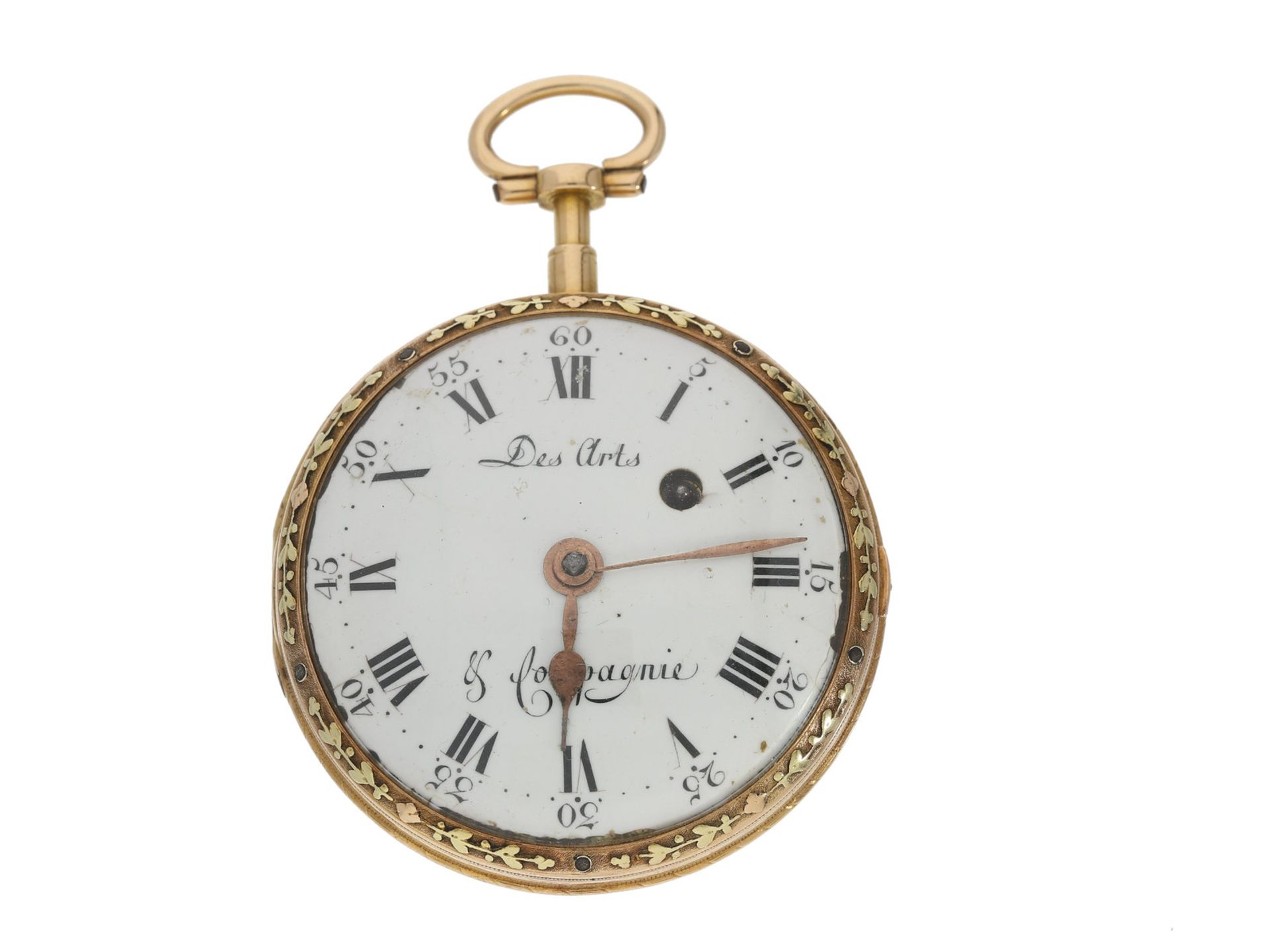 Taschenuhr: mehrfarbige 18K Gold Spindeluhr, signiert Des Arts & Compagnie, Genf ca. 1780