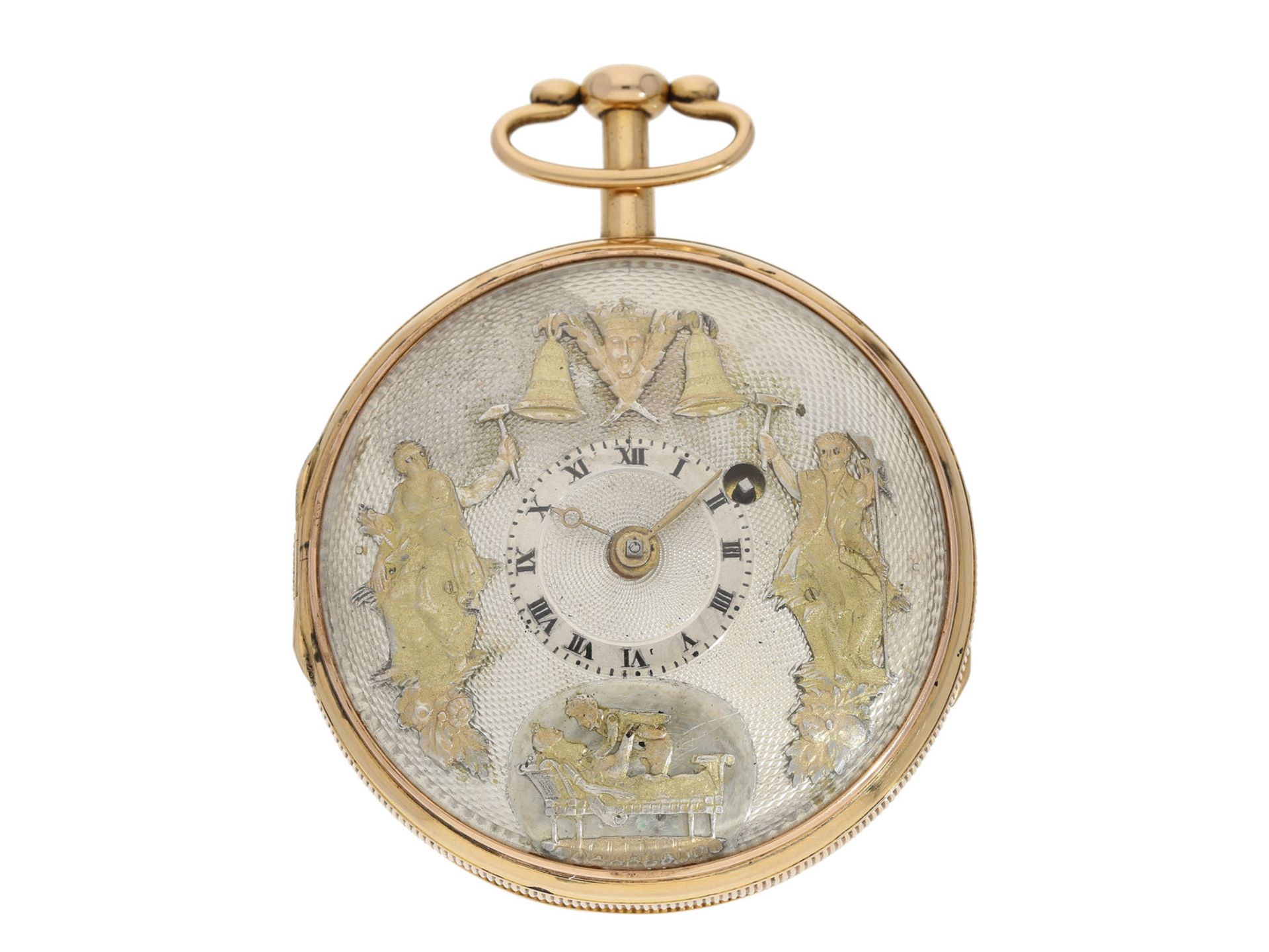 Taschenuhr: rare rotgoldene Taschenuhr mit Schlagwerk, Figurenautomat Jacquemart und zusätzlichem