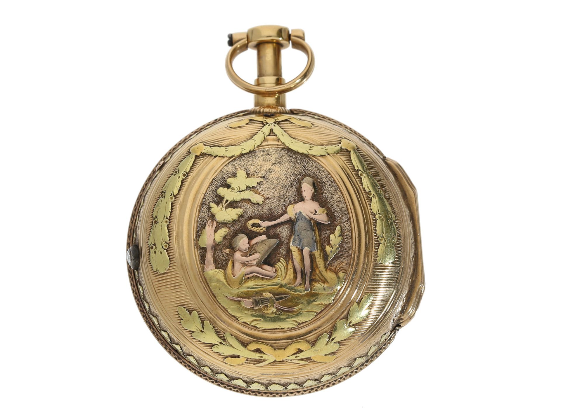 Taschenuhr: goldene Genfer Relief-Spindeluhr mit Diamantbesatz und Repetition auf Glocke, Abraham - Bild 2 aus 3