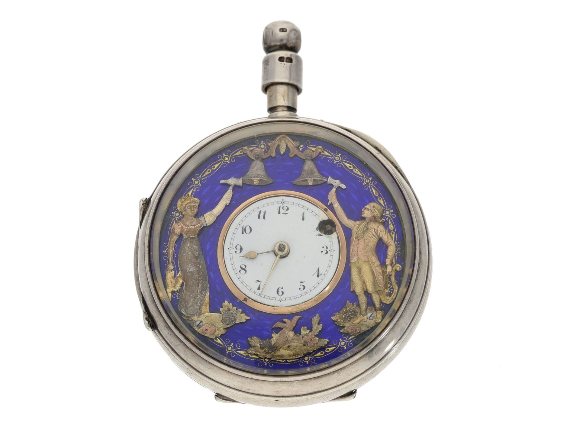 Taschenuhr: frühe Schlagwerksuhr mit Figurenautomat Jacquemart im späteren Silbergehäuse, ca.1800Ca.