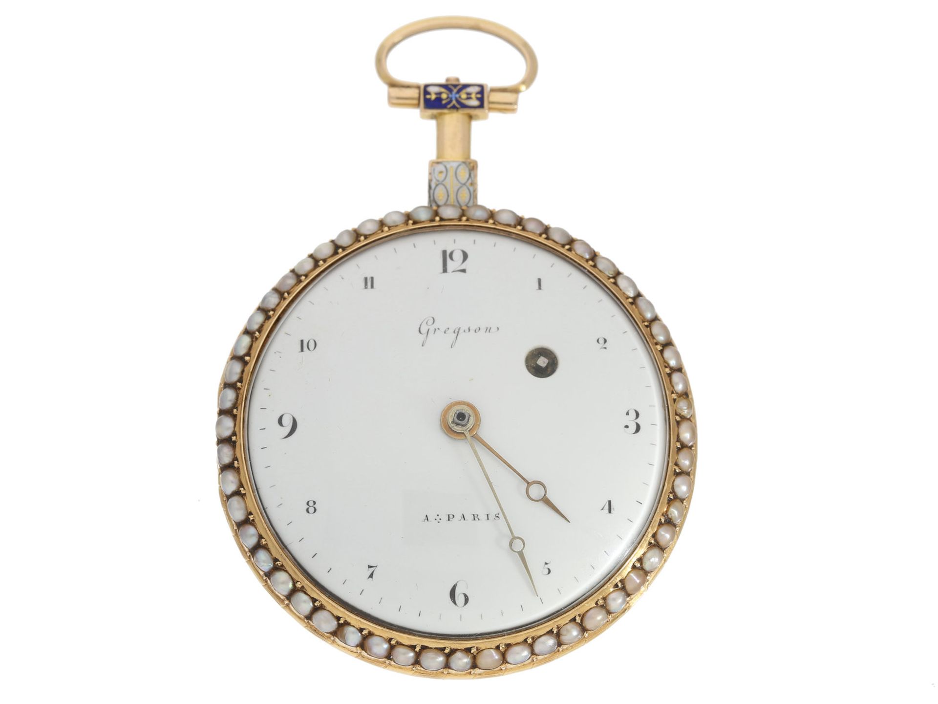 Taschenuhr: goldene Spindeluhr mit Perlenbesatz und Emaille-Malerei, bedeutender Uhrmacher, - Bild 2 aus 3