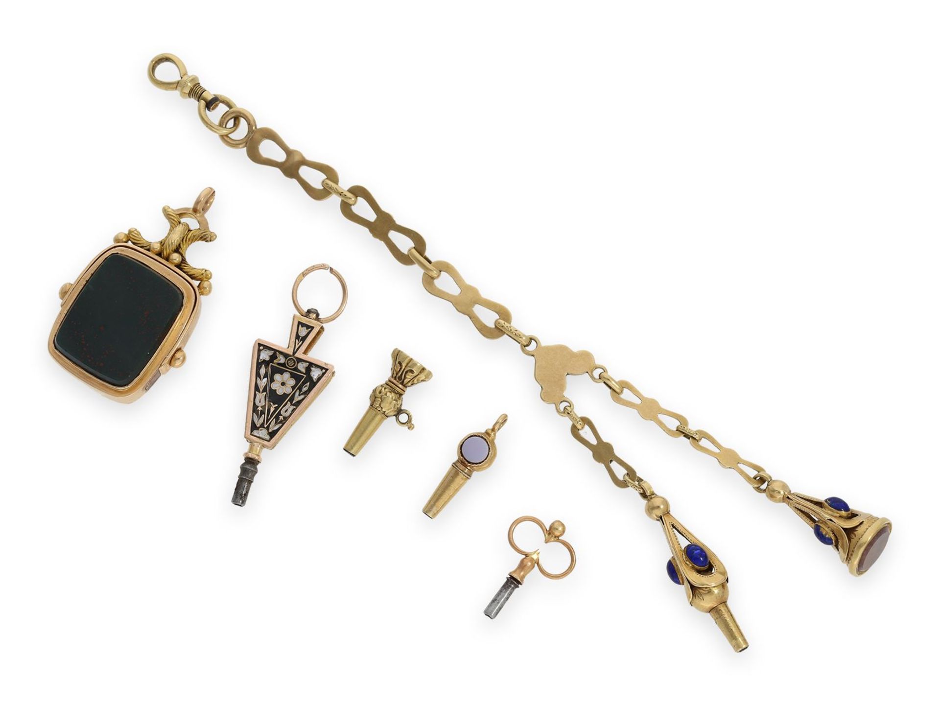 Taschenuhrenschlüssel/Chatelaine: Konvolut antiker Spindeluhrenschlüssel, Petschaft und - Bild 2 aus 2