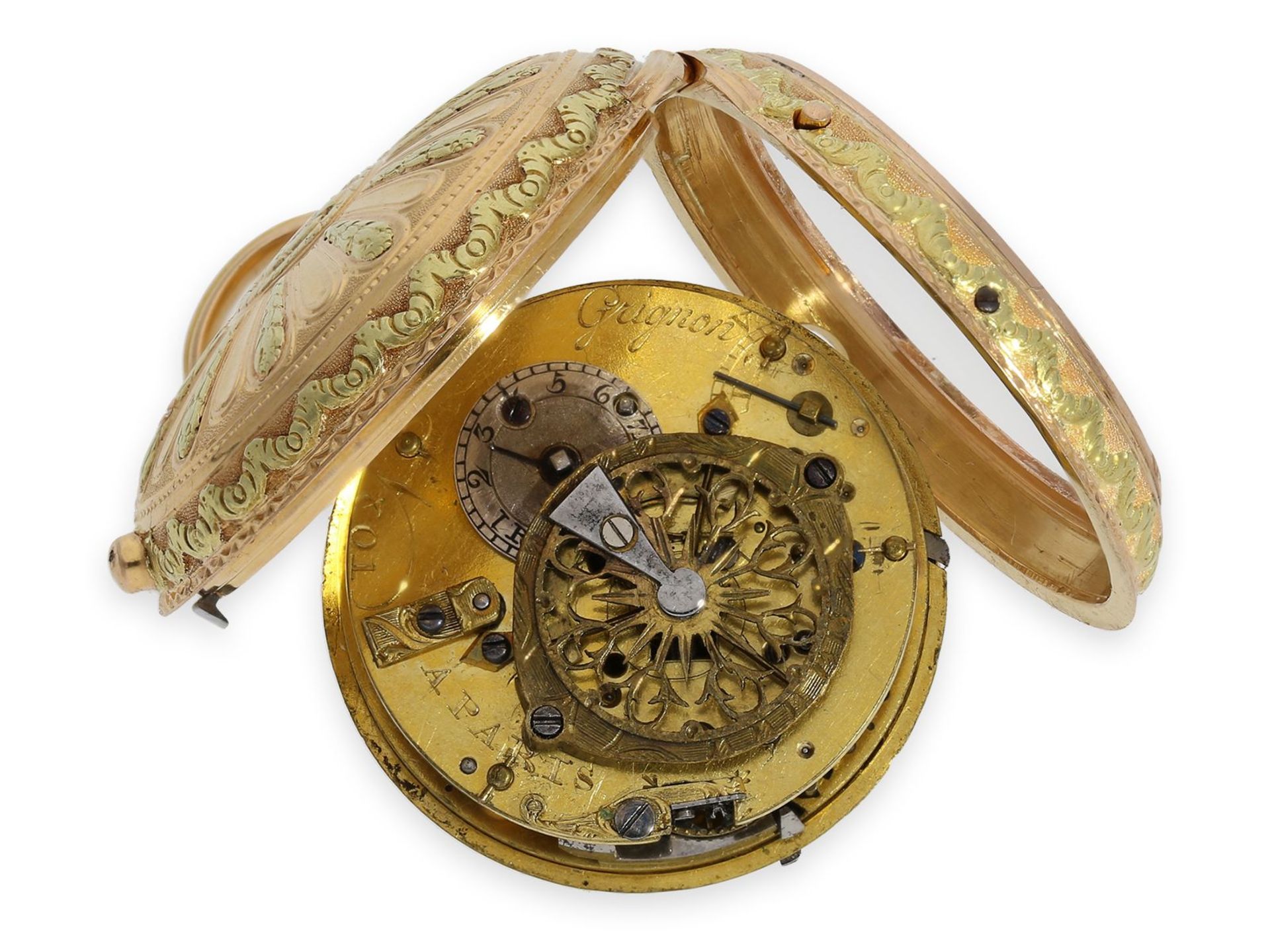 Taschenuhr: Prunkspindeluhr mit Repetition und mehrfarbigem Goldgehäuse, Grignon a Paris No.801, ca. - Bild 2 aus 4