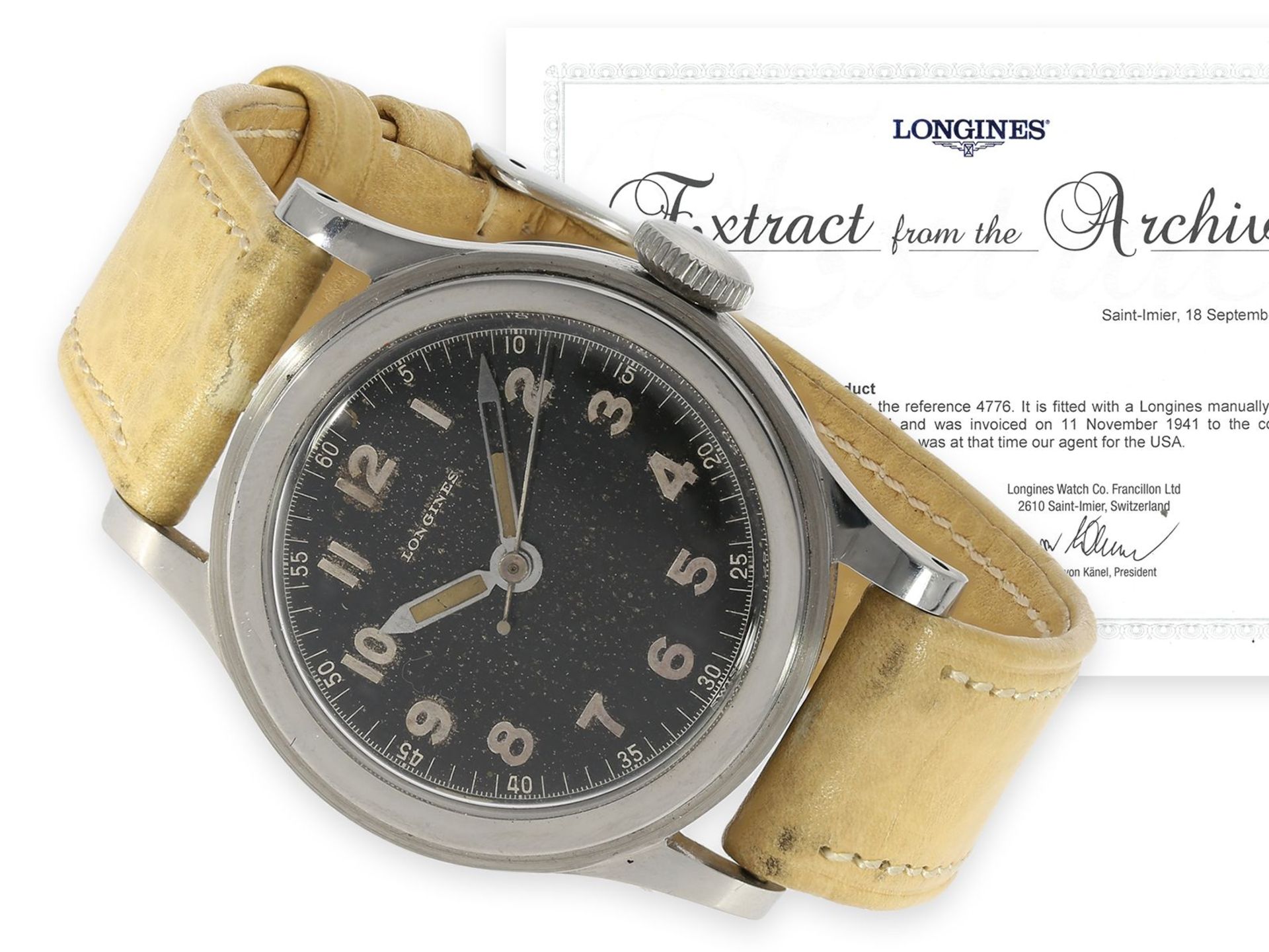 Armbanduhr: frühe Longines mit Zentralsekunde und "Tropical Dial", mit Stammbuchauszug, geliefert
