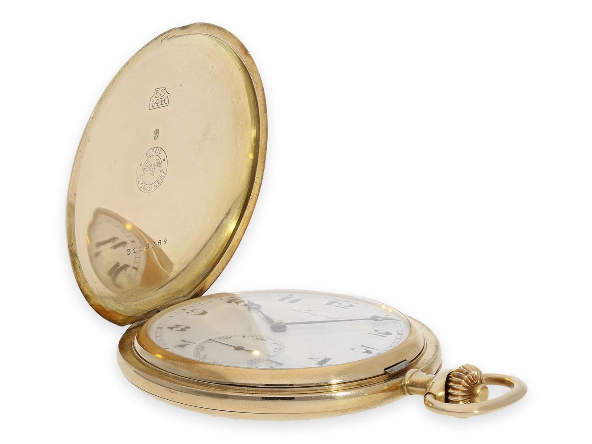 Taschenuhr: qualitätsvolle Goldsavonnette der Marke Longines, Ankerchronometer Kaliber 19.80, ca. - Bild 4 aus 7