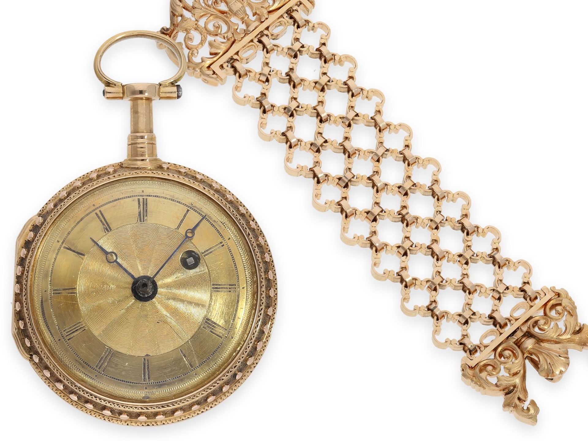 Taschenuhr: prächtige rotgoldene Louis XV Prunk-Spindeluhr mit Repetition a toc und dazugehöriger