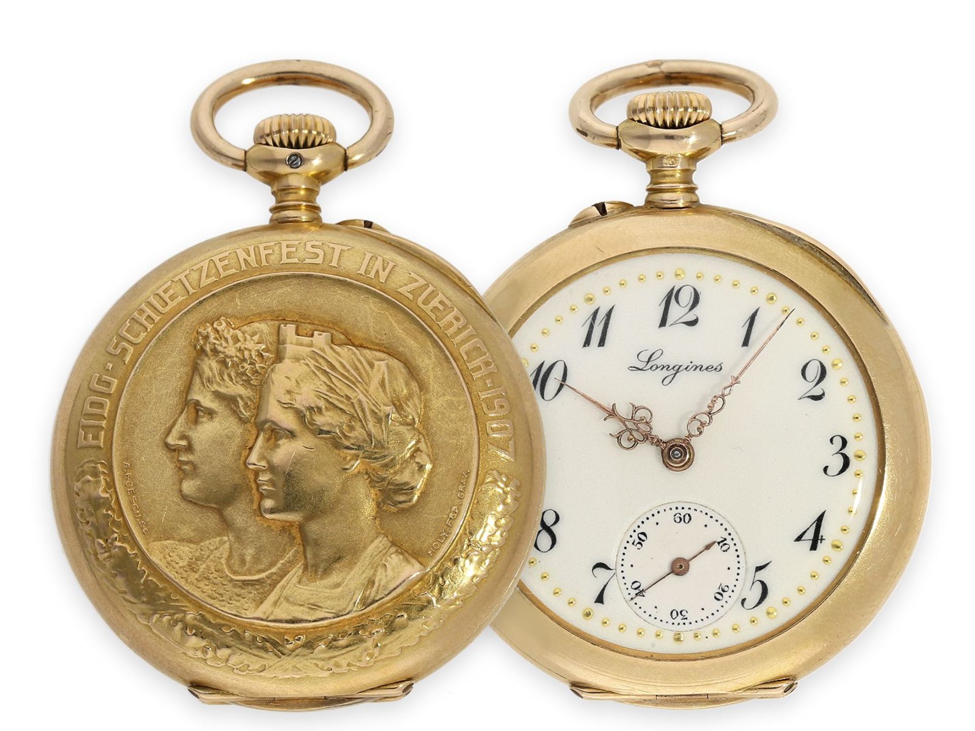 Taschenuhr: äußerst seltene 18K Schützenuhr "Tir Federal, Zurich 1907", Longines 1907, RaritätCa.