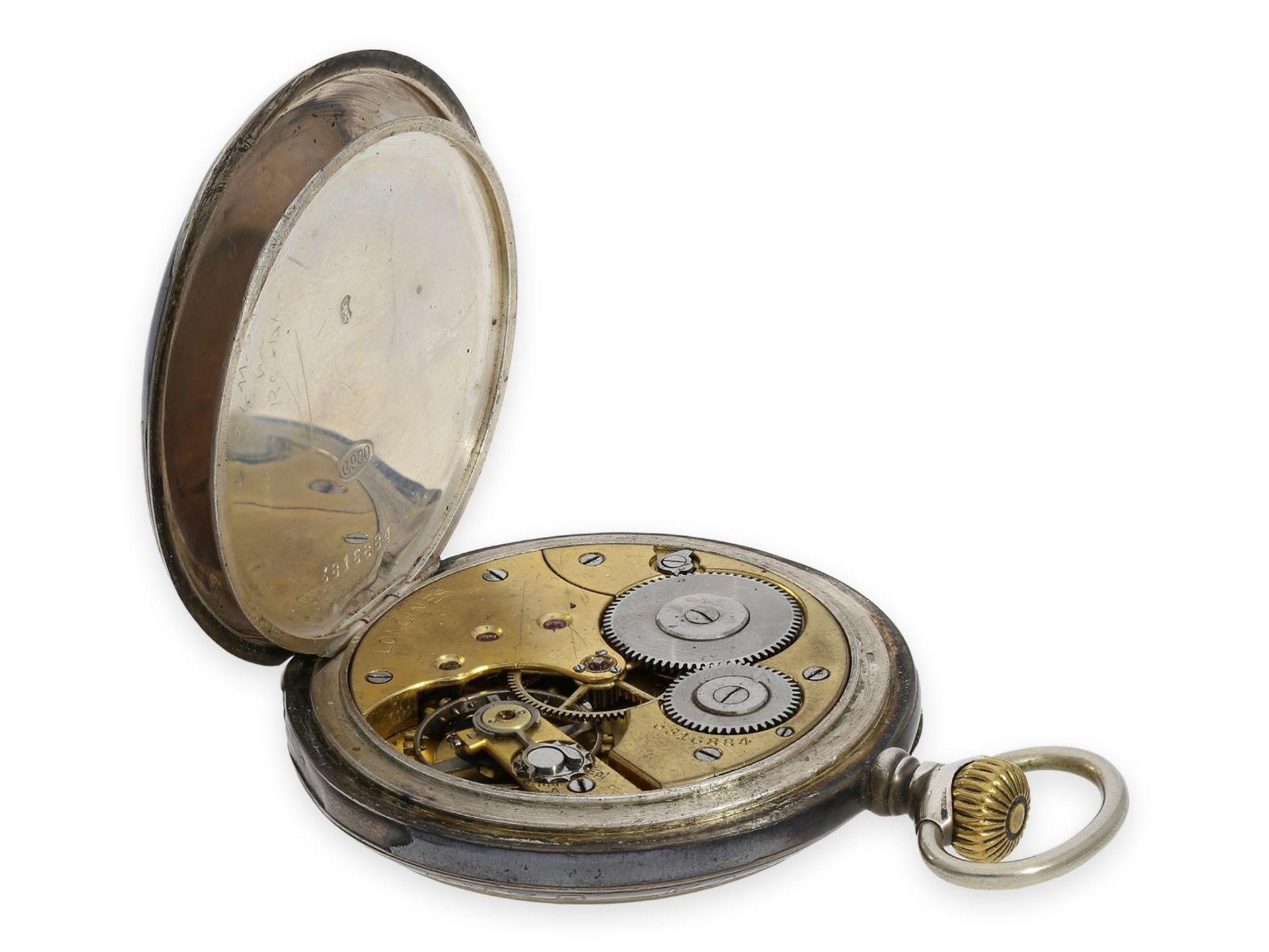 Taschenuhr: ungewöhnliche Longines Schützenuhr mit partieller Tula-Dekoration, Interlaken 1920Ca. - Bild 3 aus 6