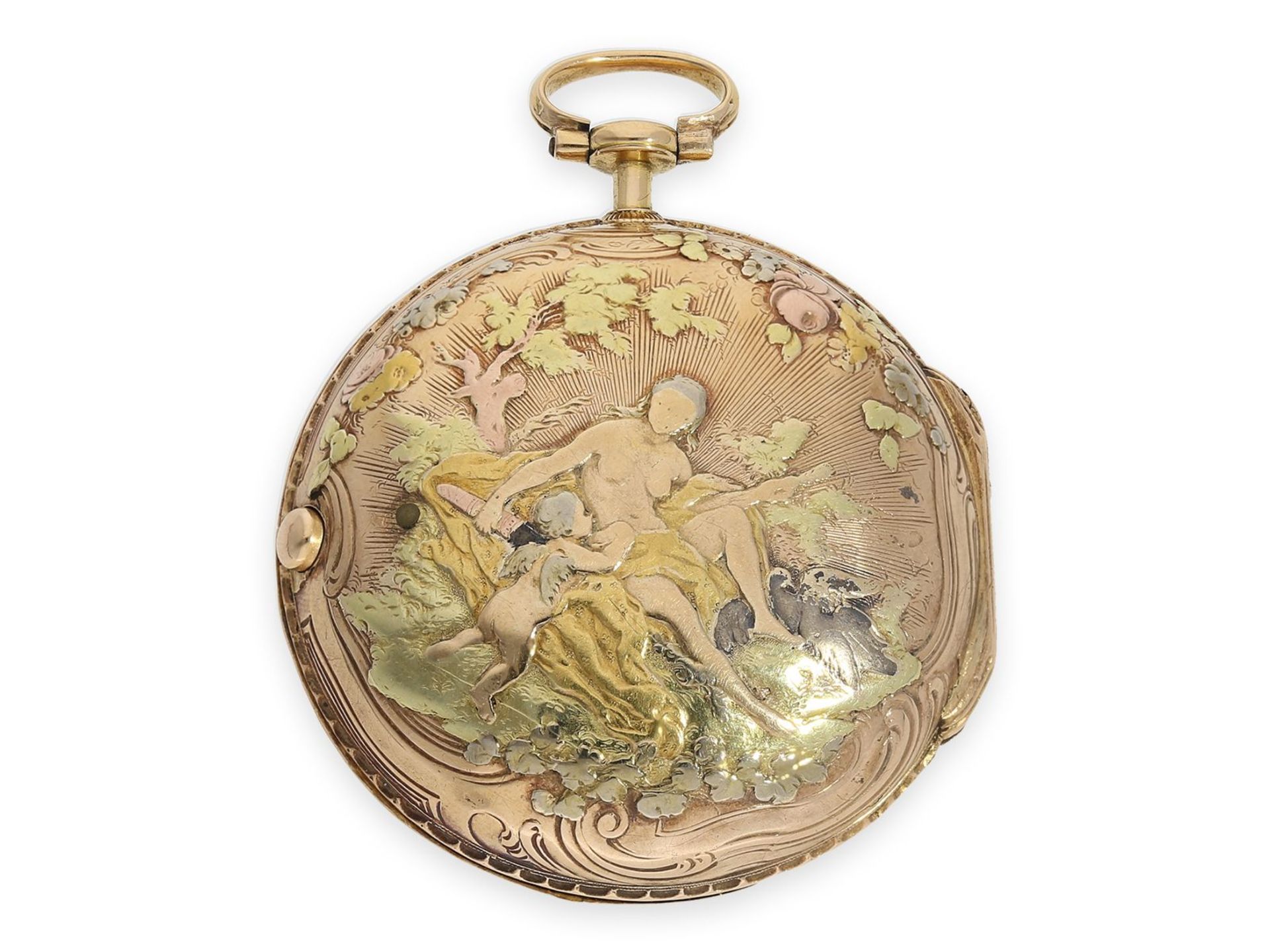 Taschenuhr: prächtige, große 4-Farben Louis XV Gold-Spindeluhr mit mythologischer Szene, bedeutender - Bild 4 aus 4