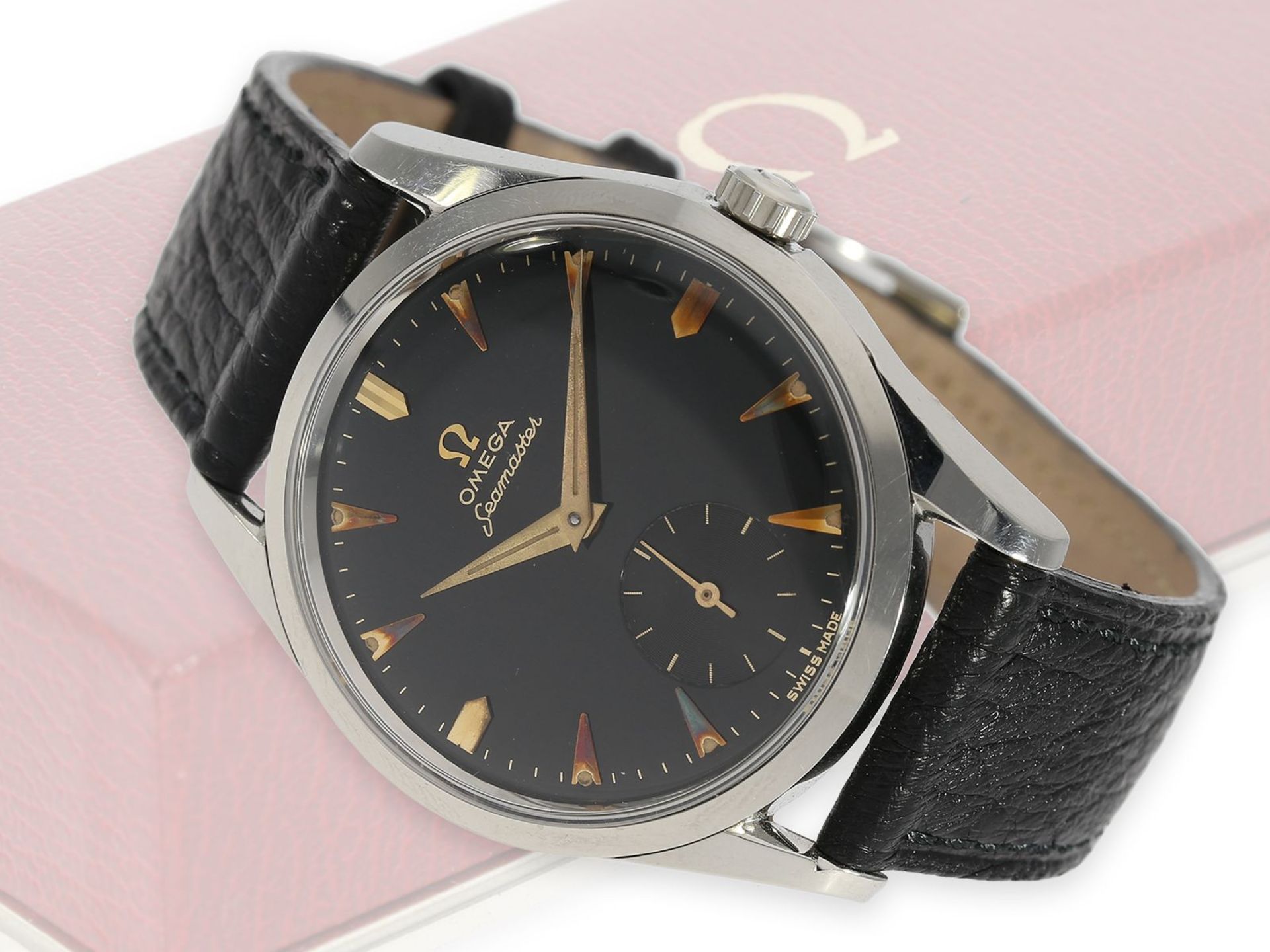 Armbanduhr: äußerst attraktive, große Omega Seamaster mit schwarzem Zifferblatt, Referenz 2937-1,