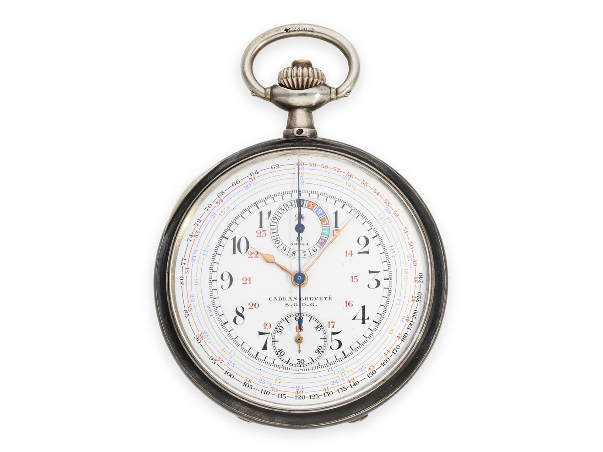 Taschenuhr: feiner Omega Chronograph, Omega "Chrono-Tachymeter, Cadran Brevetè S.G.D.G." mit