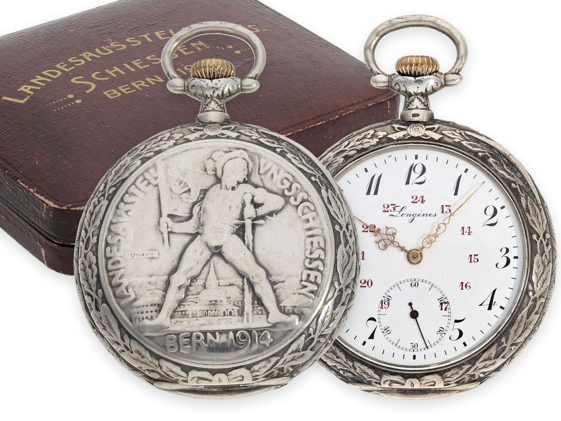 Taschenuhr: seltene Longines Schützenuhr Bern 1914 mit dazugehöriger schwerer silberner Uhrenkette