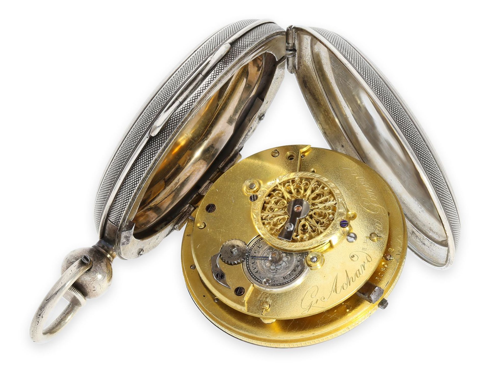 Taschenuhr: interessante Spindeluhr mit Savonnettegehäuse und Wecker, bedeutender Genfer - Bild 3 aus 7