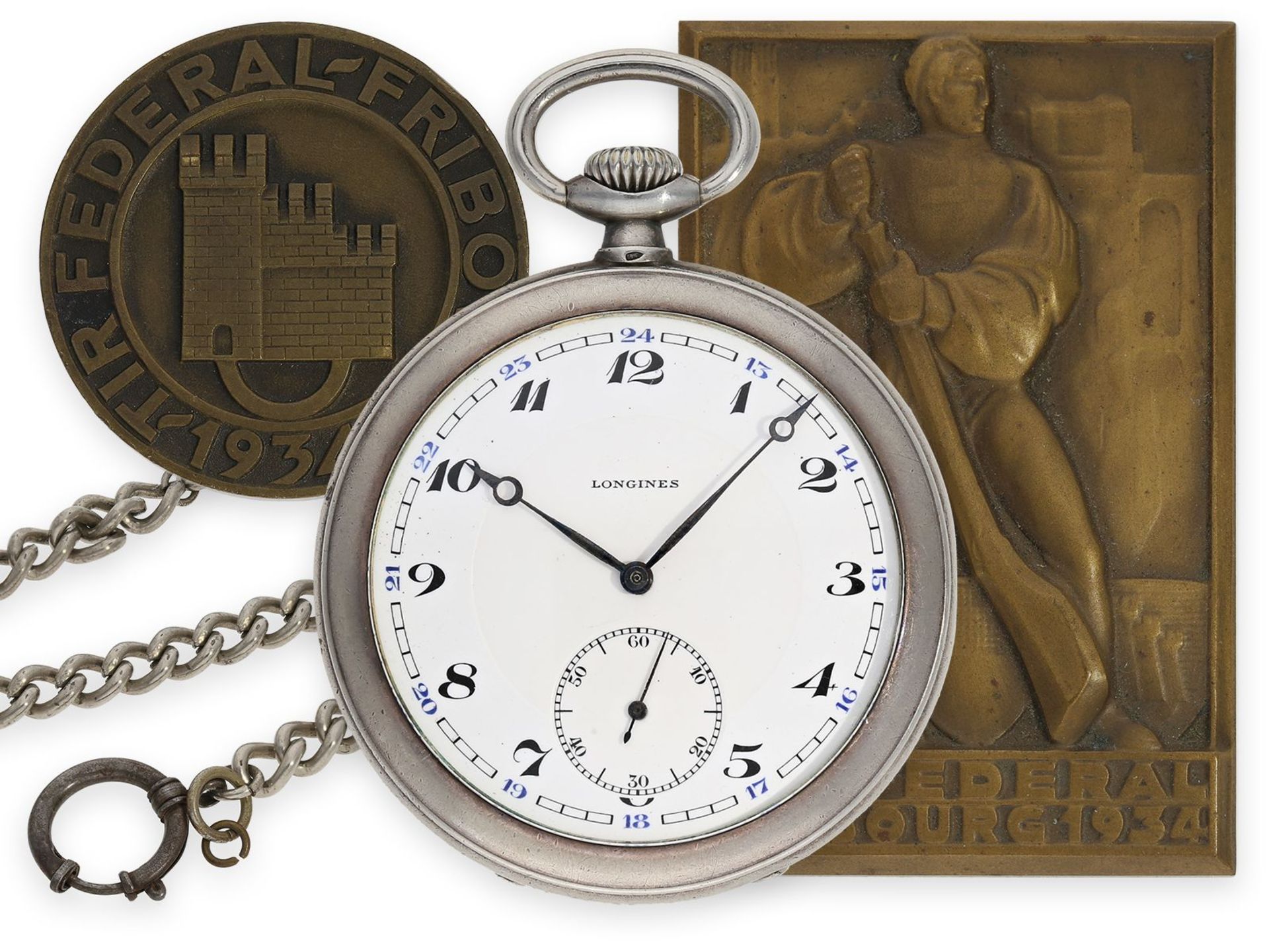 Taschenuhr: gesuchte Longines Schützenuhr Tir Federal Fribourg 1934 mit Silberkette und 2