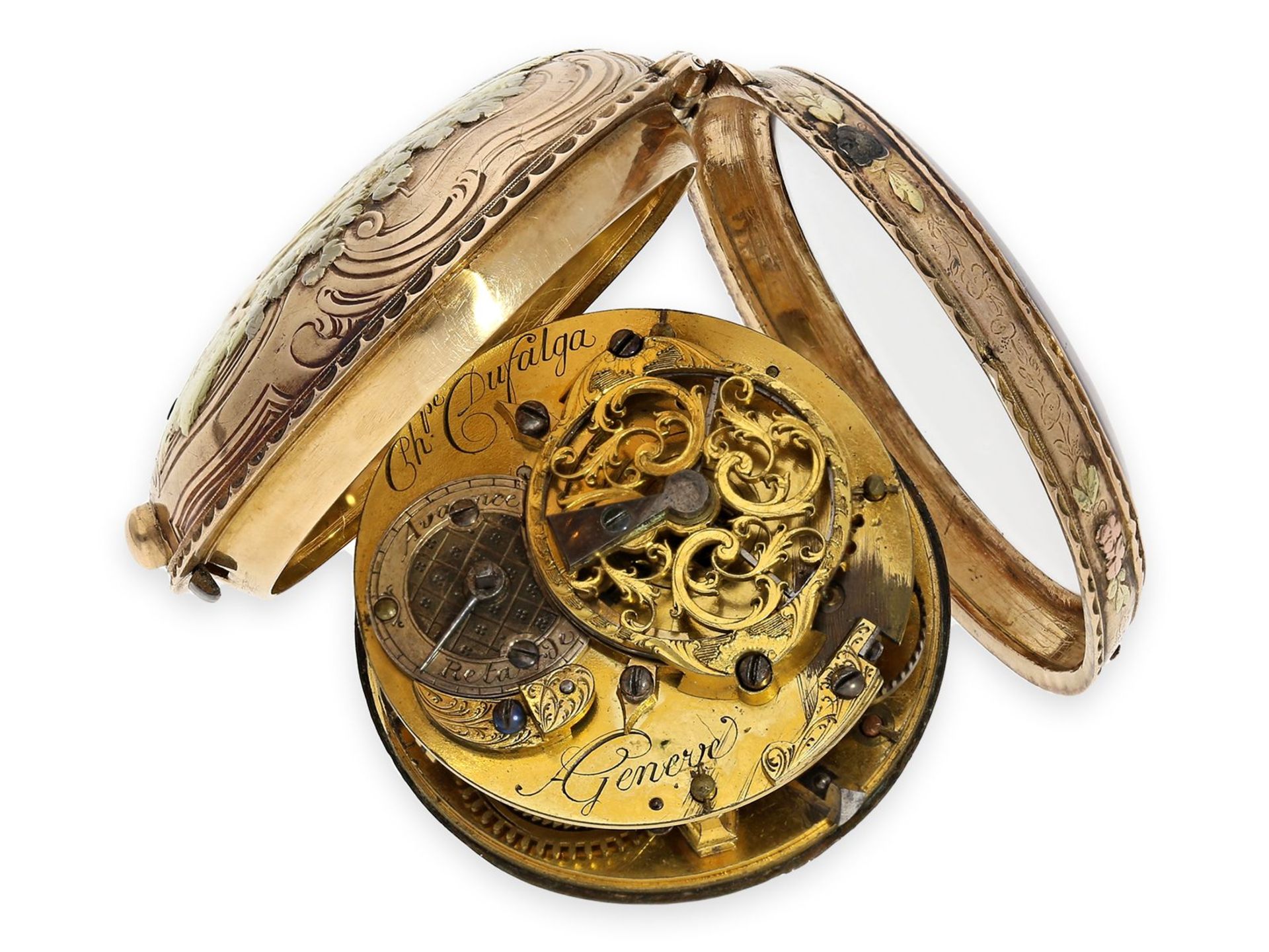 Taschenuhr: prächtige, große 4-Farben Louis XV Gold-Spindeluhr mit mythologischer Szene, bedeutender - Bild 2 aus 4