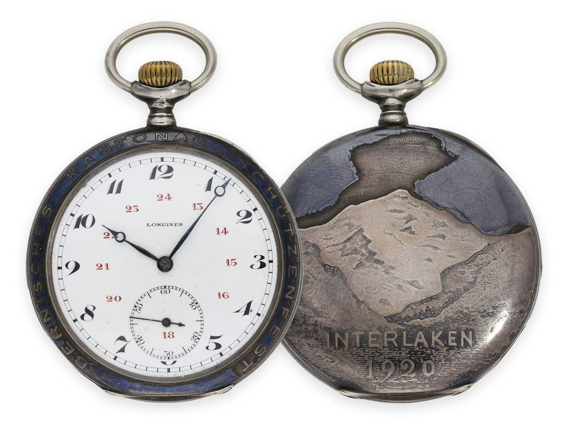 Taschenuhr: ungewöhnliche Longines Schützenuhr mit partieller Tula-Dekoration, Interlaken 1920Ca.