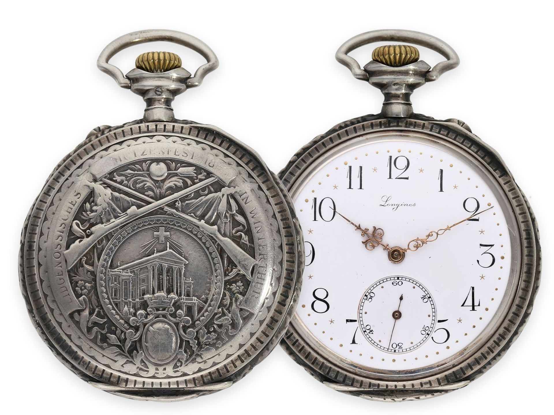 Taschenuhr: seltene, ganz frühe Longines Schützenuhr mit umfangreichem Zubehör, Winterthur 1895Ca.