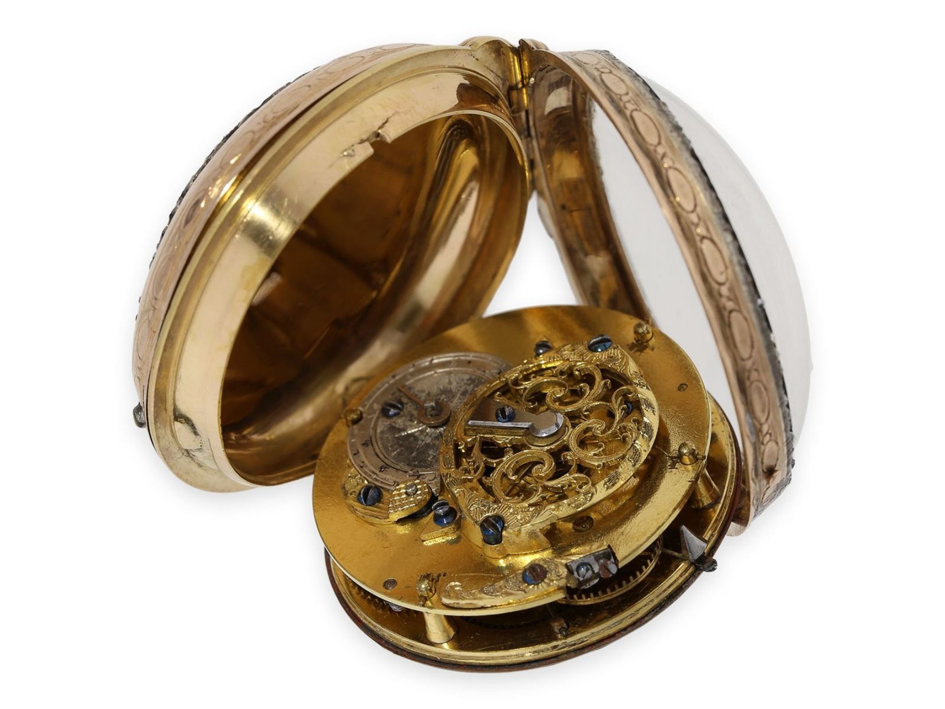Taschenuhr: Rarität, außergewöhnlich frühe goldene Spindeluhr mit versteckter erotischer Emaille- - Bild 3 aus 4