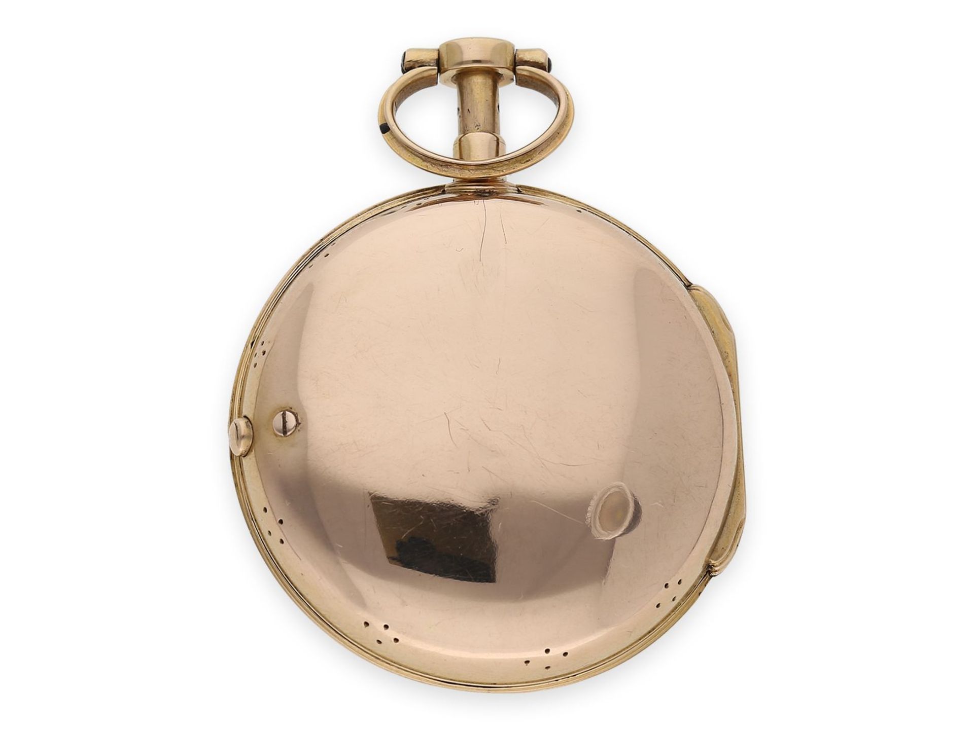 Taschenuhr: hochfeine goldene Louis XV Spindeluhr mit Repetition a toc et a tact, signiert L'Epine - Bild 4 aus 4