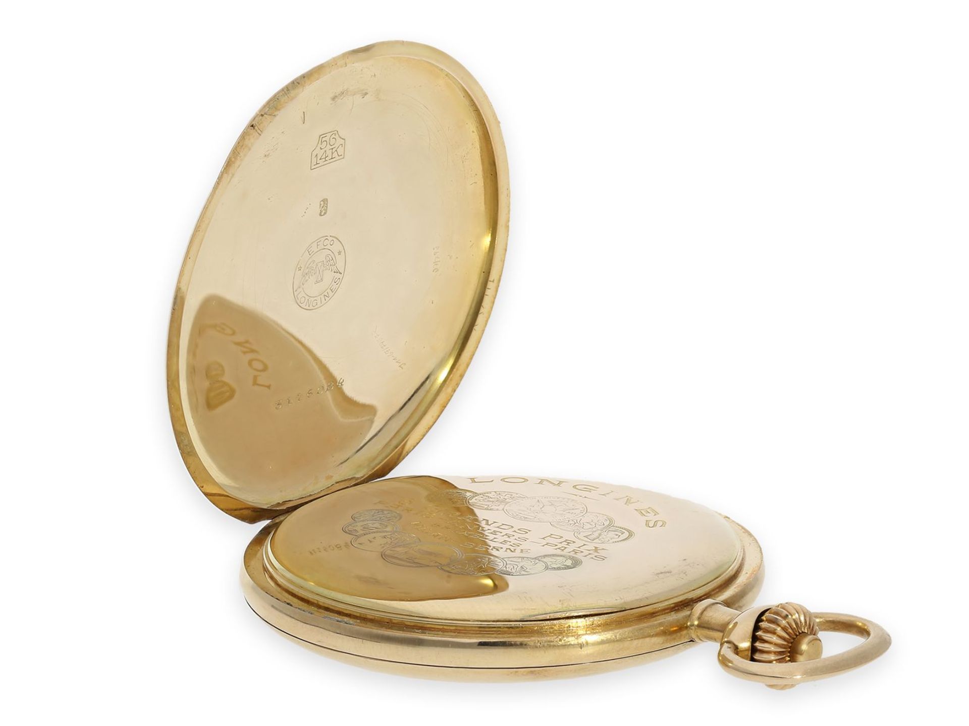 Taschenuhr: qualitätsvolle Goldsavonnette der Marke Longines, Ankerchronometer Kaliber 19.80, ca. - Bild 5 aus 7