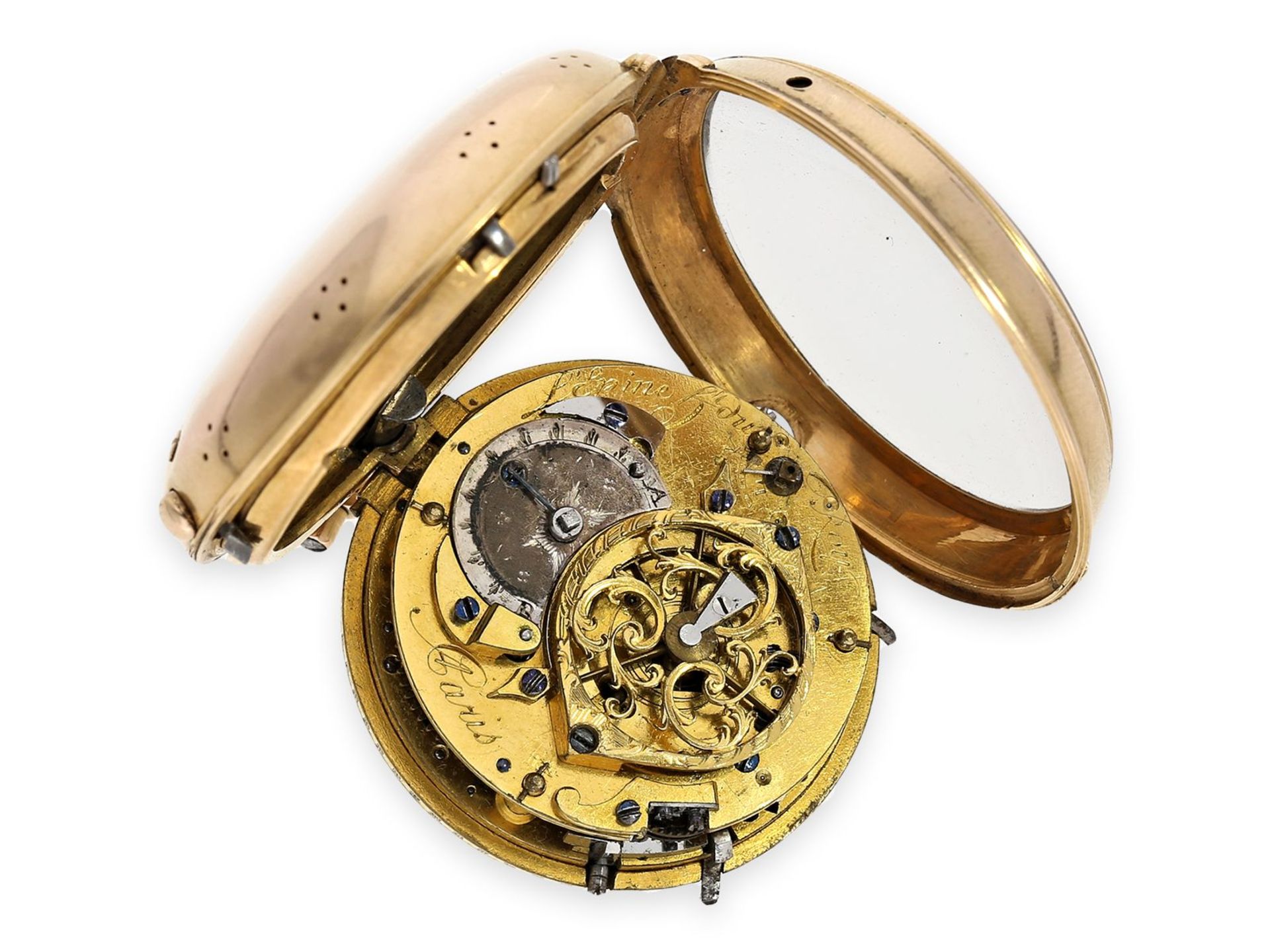 Taschenuhr: hochfeine goldene Louis XV Spindeluhr mit Repetition a toc et a tact, signiert L'Epine - Bild 2 aus 4
