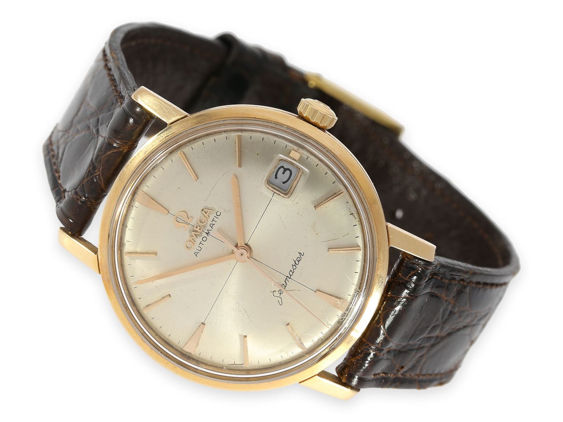 Armbanduhr: vintage Omega Seamaster mit Sektor-Zifferblatt, 18K Roségold, 50er-Jahre