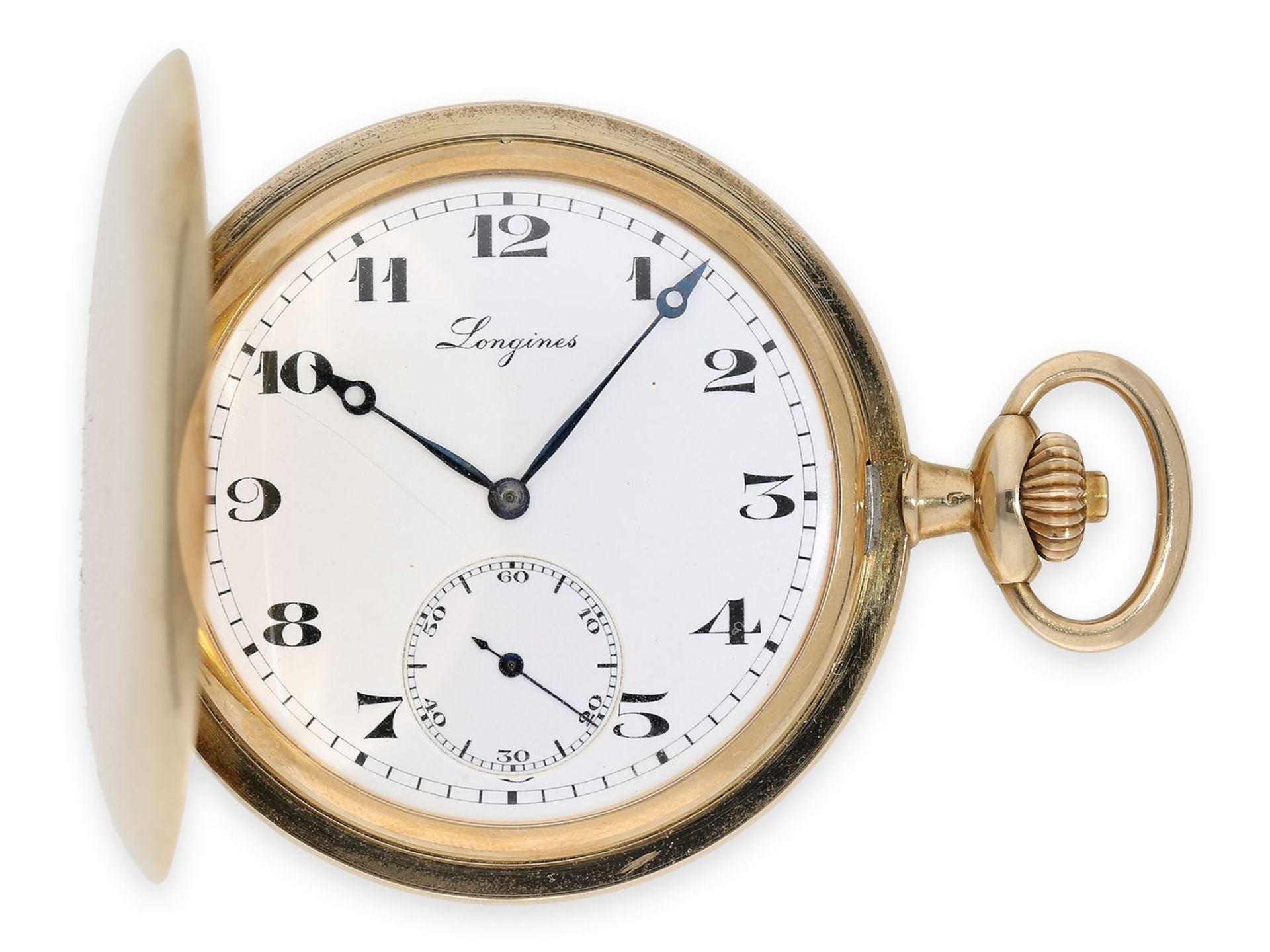 Taschenuhr: qualitätsvolle Goldsavonnette der Marke Longines, Ankerchronometer Kaliber 19.80, ca.