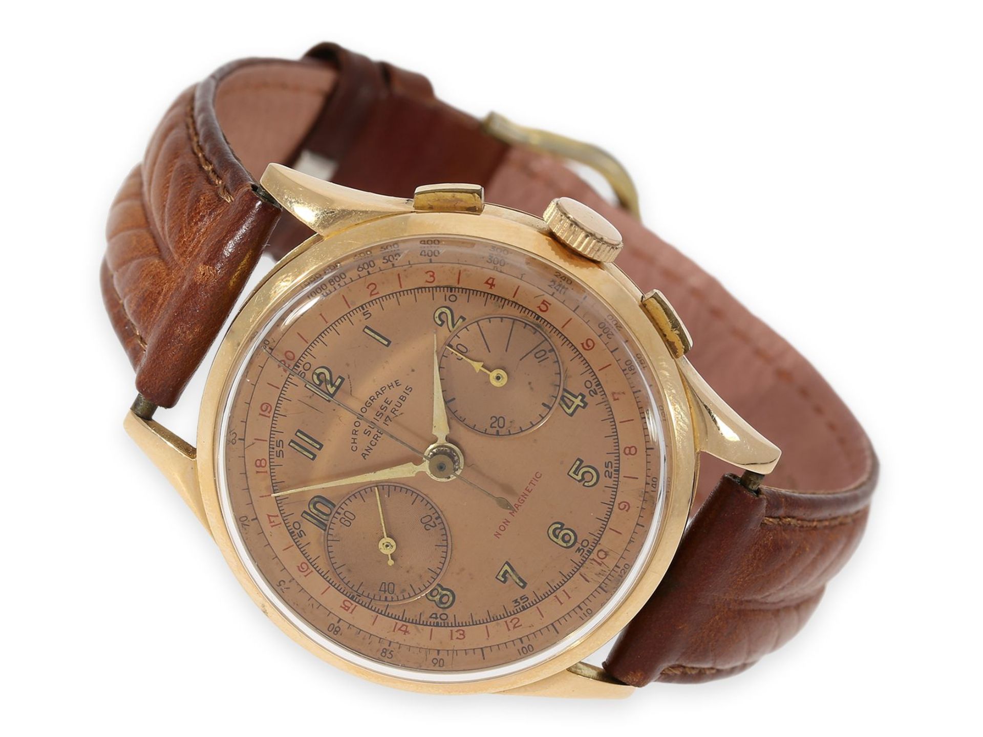 Armbanduhr: rotgoldener "oversize" Chronograph mit sehr schönem "Salmon"-Zifferblatt und rotem