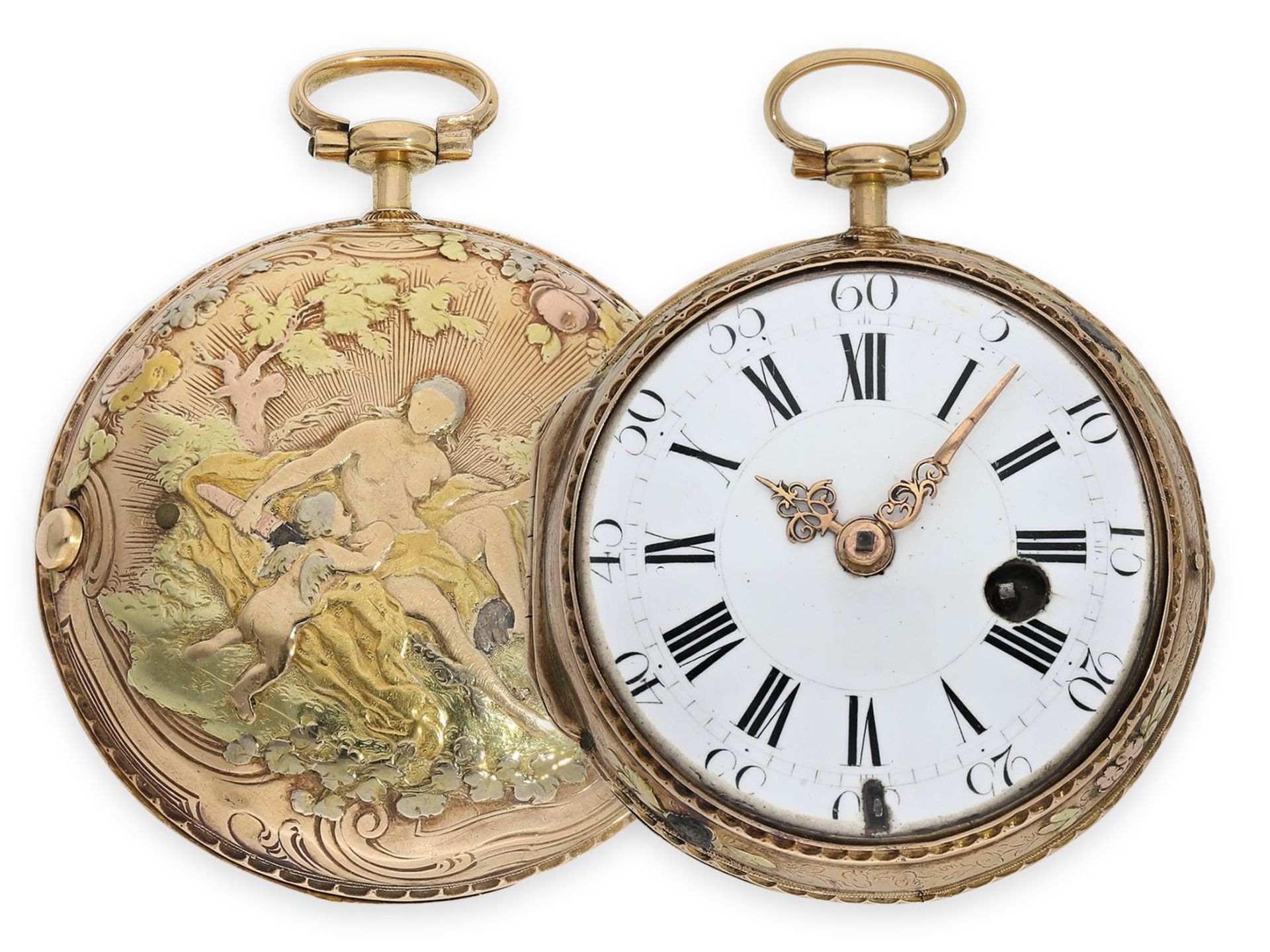 Taschenuhr: prächtige, große 4-Farben Louis XV Gold-Spindeluhr mit mythologischer Szene, bedeutender