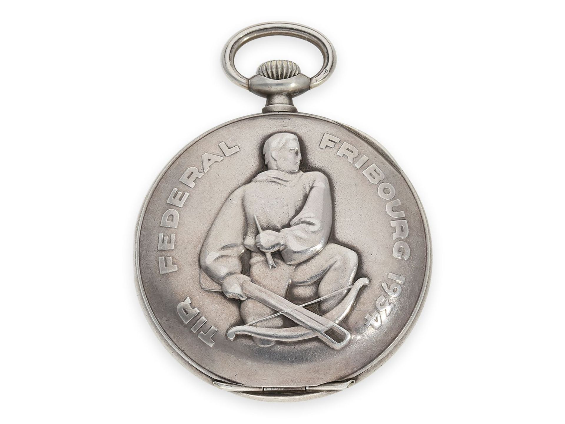 Taschenuhr: gesuchte Longines Schützenuhr Tir Federal Fribourg 1934 mit Silberkette und 2 - Bild 4 aus 11