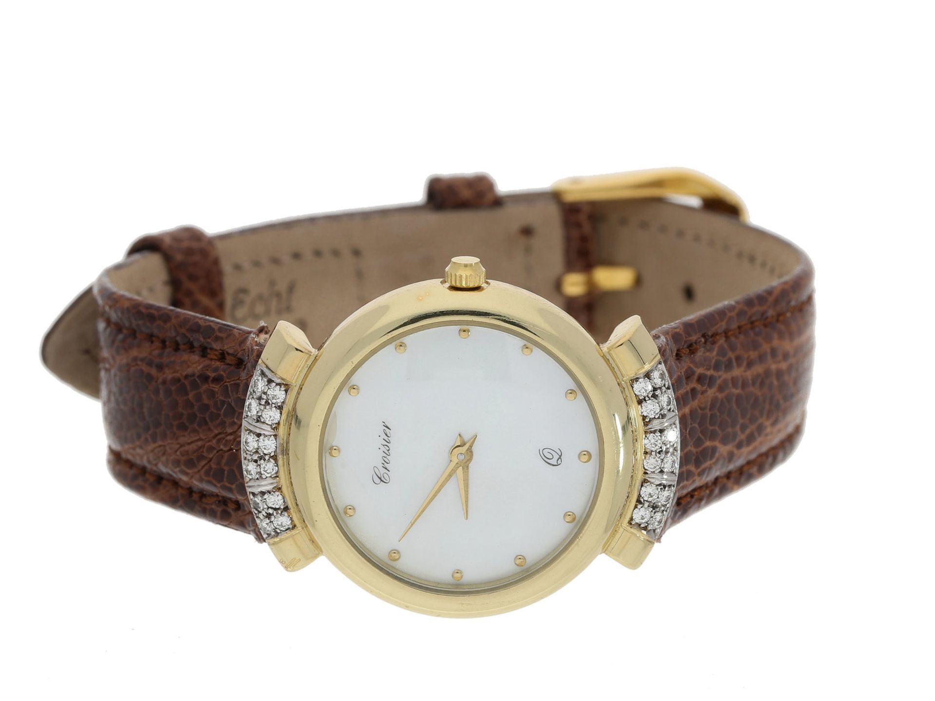 Armbanduhr: elegante Damenuhr aus dem Hause Groisier, 14K Gold mit Brillanten