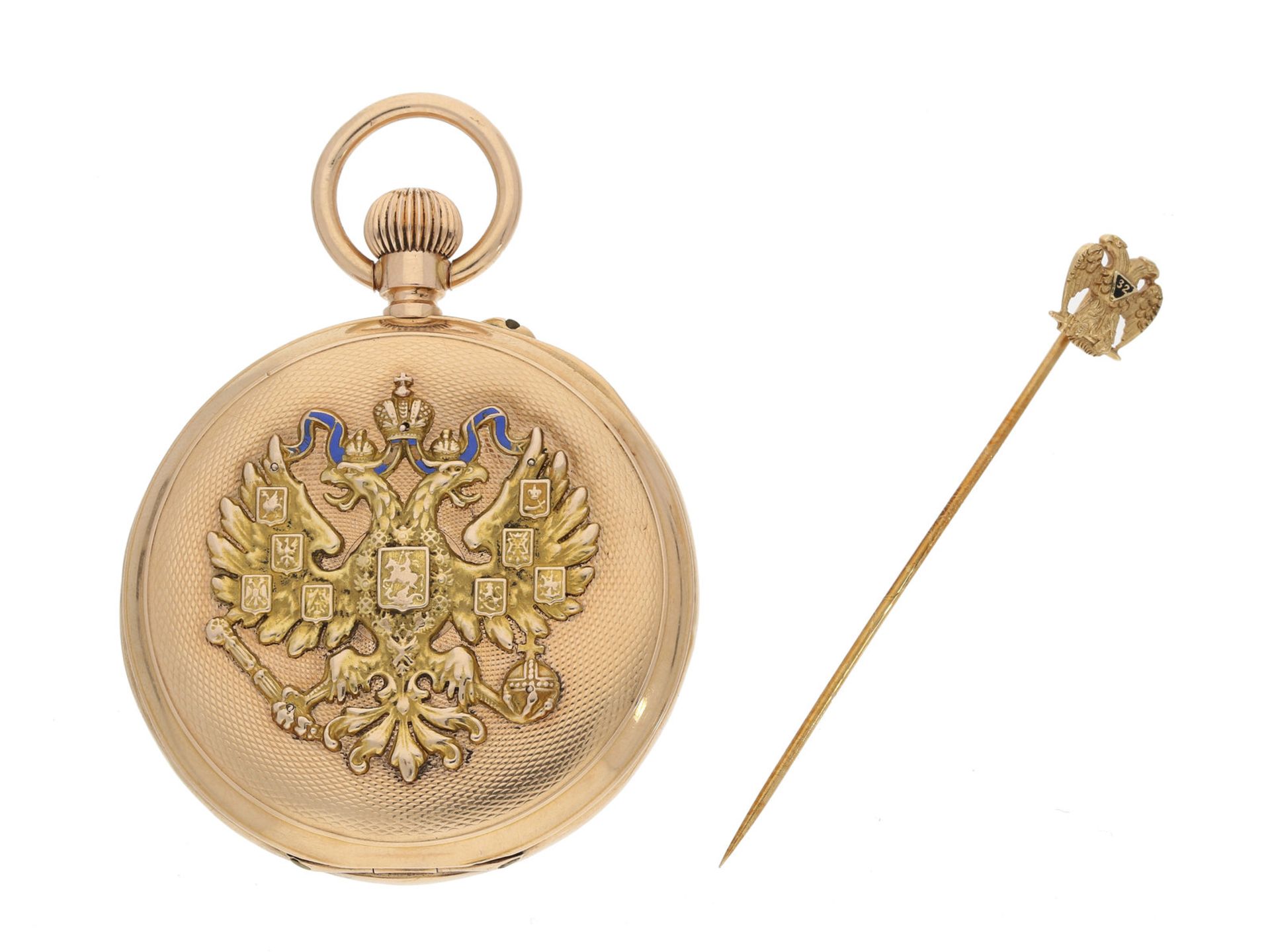 Taschenuhr: außergewöhnliche Gold/Emaille-Taschenuhr mit rückseitigem Zaren-Adler und Zodiak-