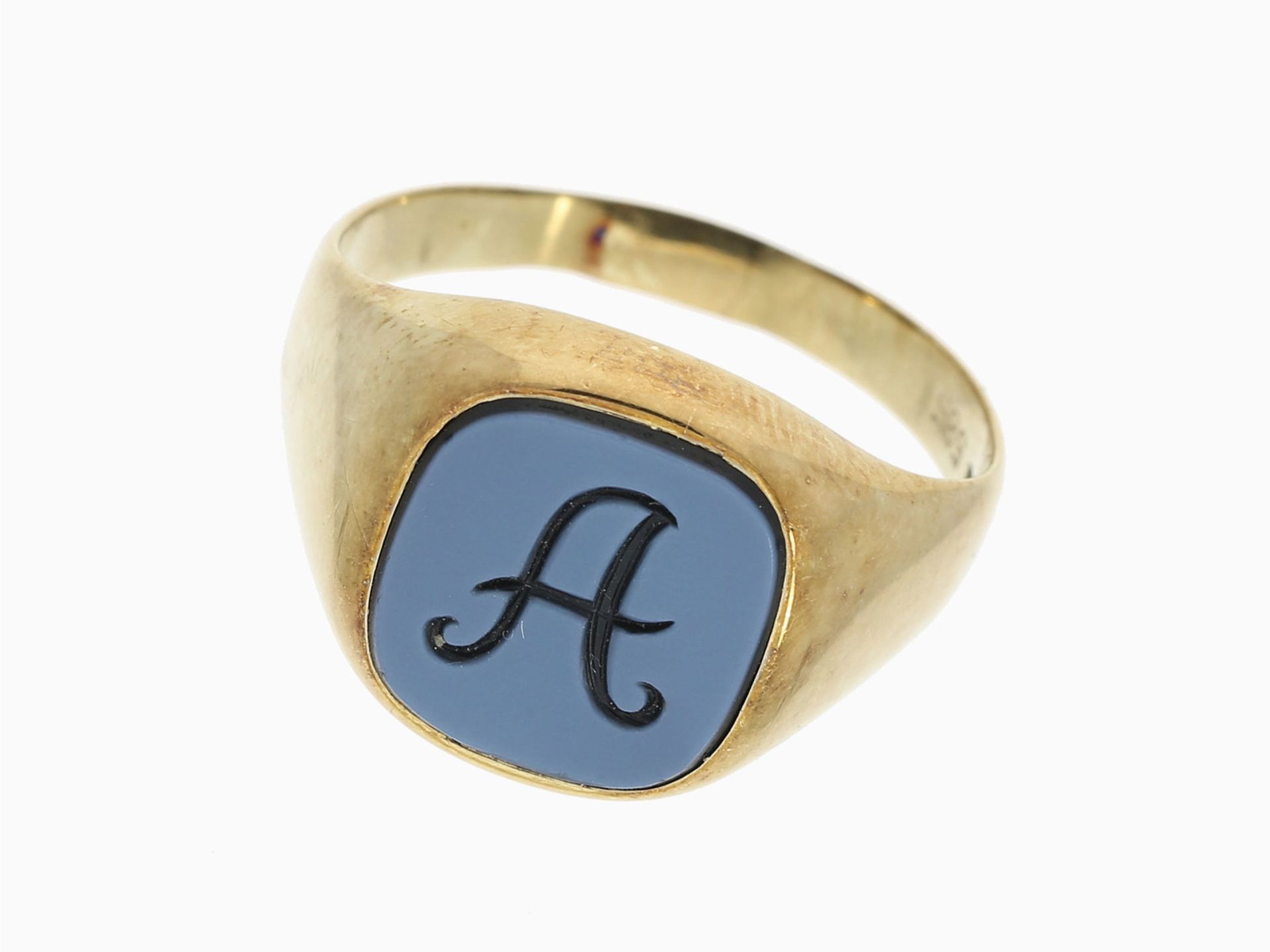 Ring: vintage Herren-Siegelring mit Achat-Lagenstein-Gravur "A"