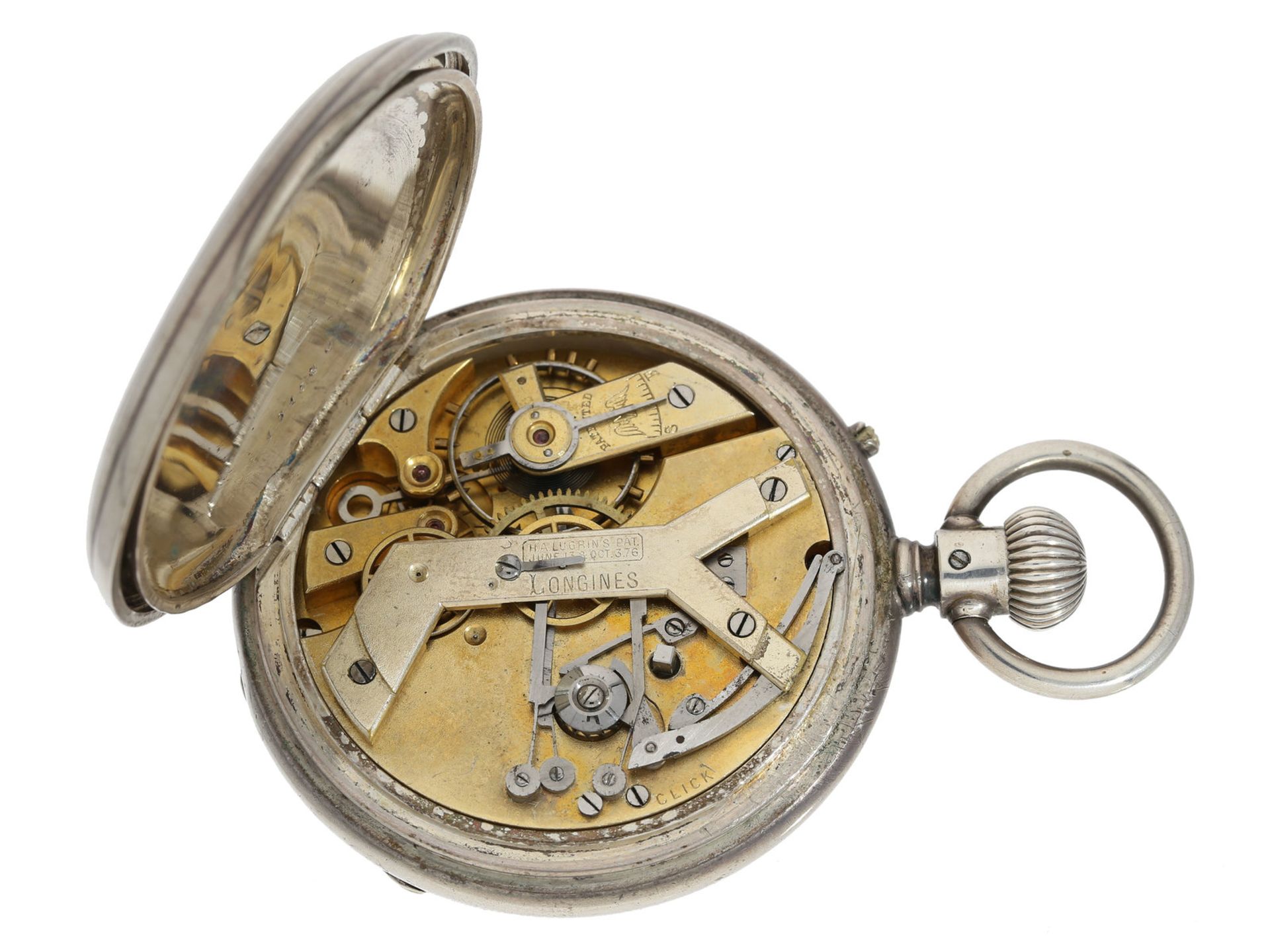 Taschenuhr: äußerst seltener, ganz früher Longines Chronograph nach Lugrin's Patent, Kaliber 20H, - Bild 3 aus 3