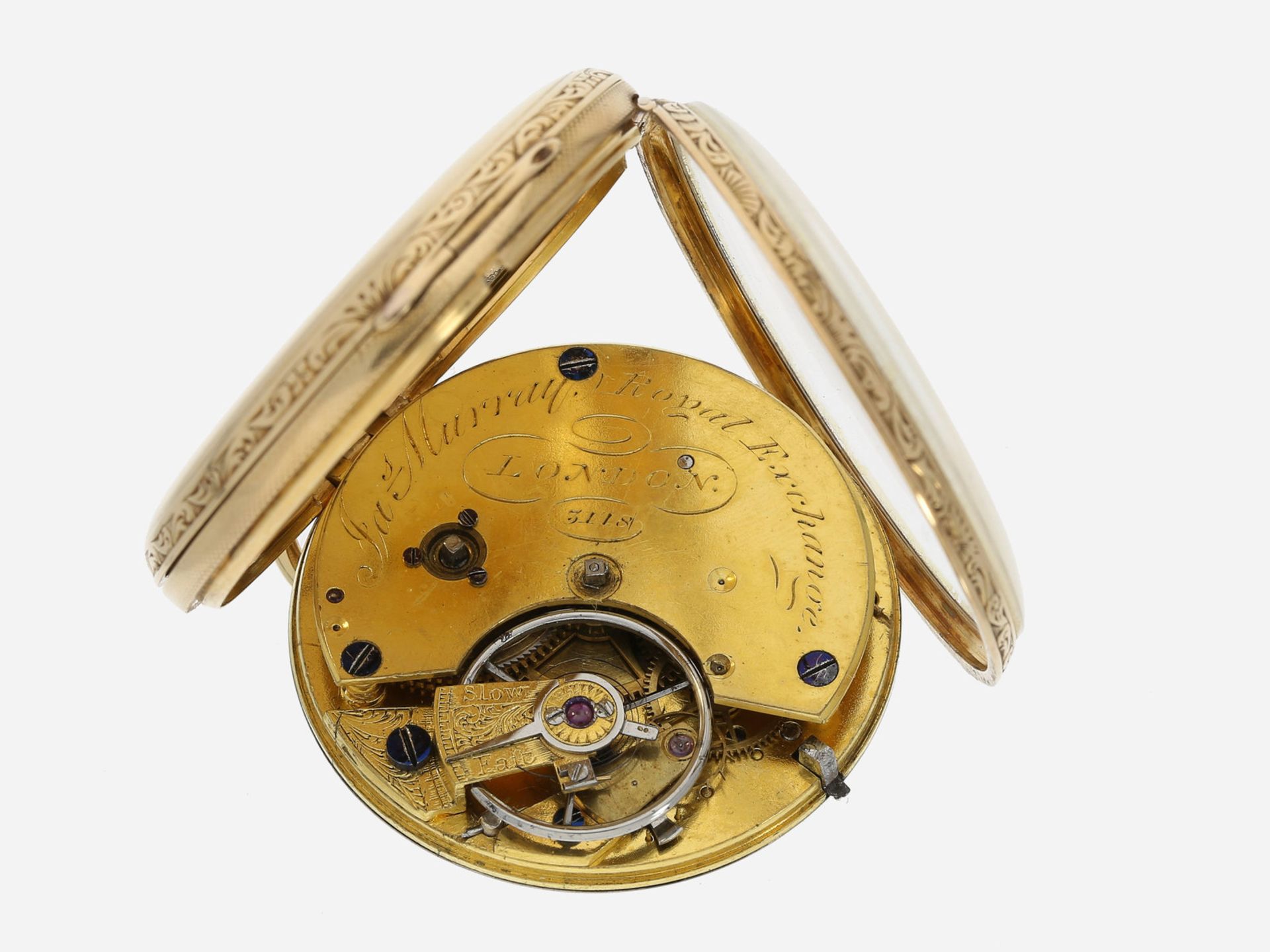 Taschenuhr: attraktive, frühe englische 18K Gold Taschenuhr mit Champlevé-Zifferblatt, Hallmarks - Bild 3 aus 4