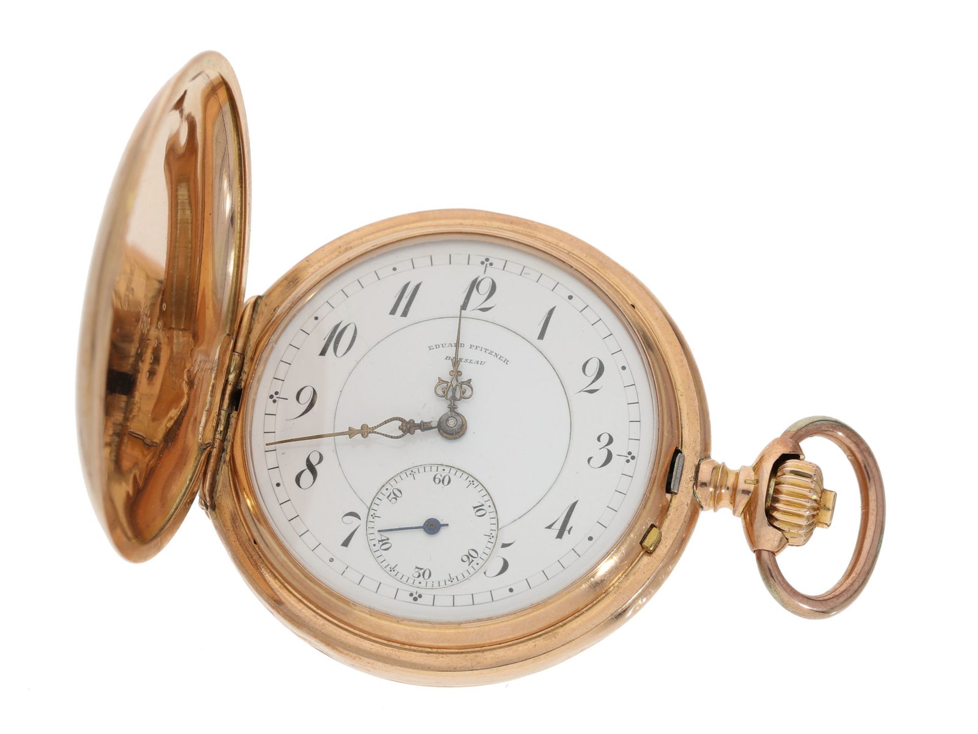 Taschenuhr: qualitätsvolle, große rotgoldene Savonnette, Ankerchronometer mit seltener Glashütter/