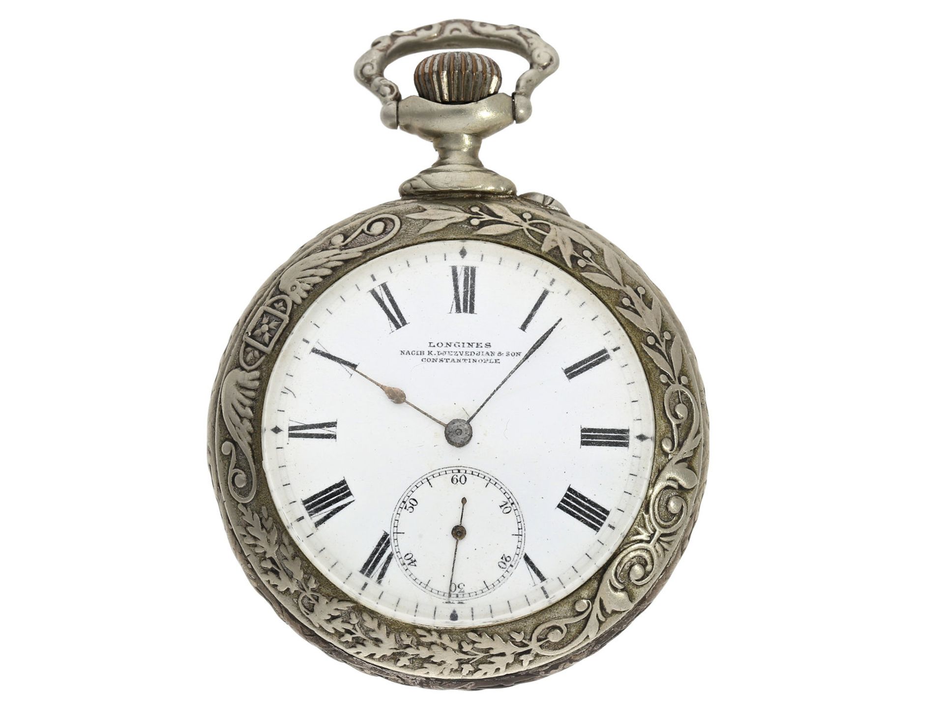 Taschenuhr: Longines Jugendstil-Reliefuhr mit Doppelsignatur, gefertigt für Nazib K.Djezvedjian & - Bild 2 aus 3