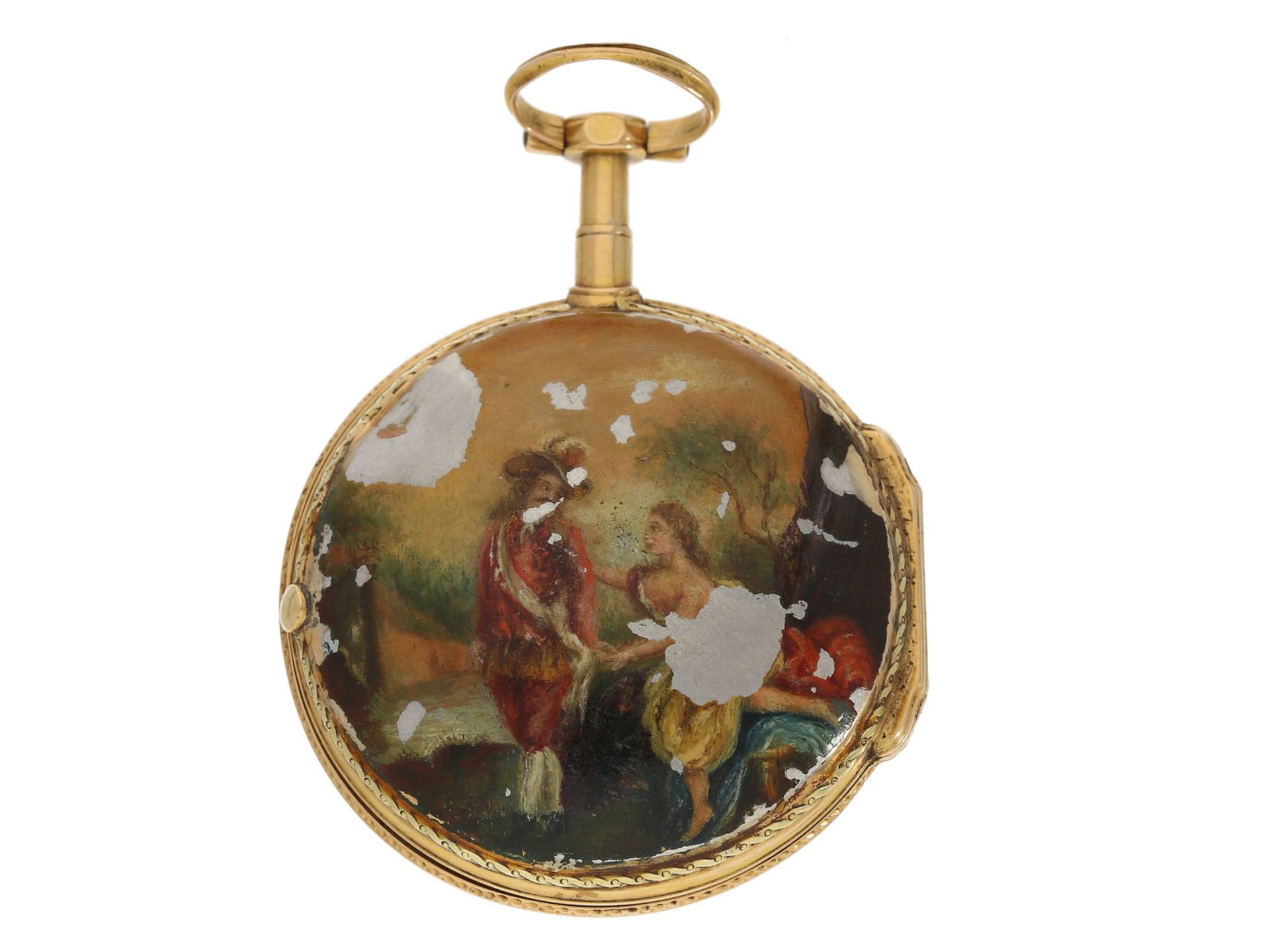 Taschenuhr: frühe französische Spindeluhr, 2 Gemälde mit Lupenmalerei, 18K Gold, Berthoud Paris, - Bild 2 aus 3