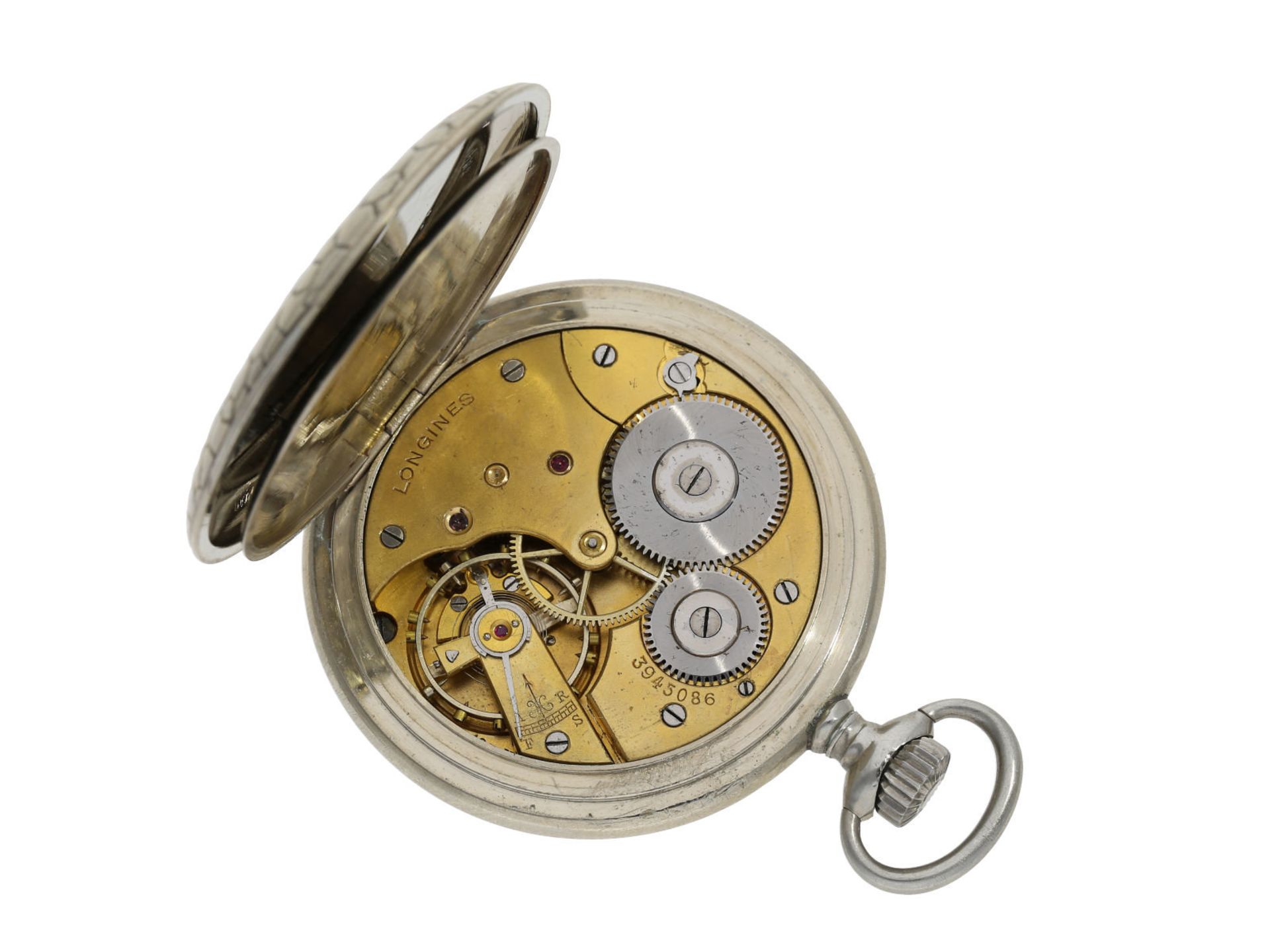 Taschenuhr: außergewöhnliche Longines Jugendstil-Herrentaschenuhr mit Reliefgehäuse, Uhrenkette - Bild 4 aus 6