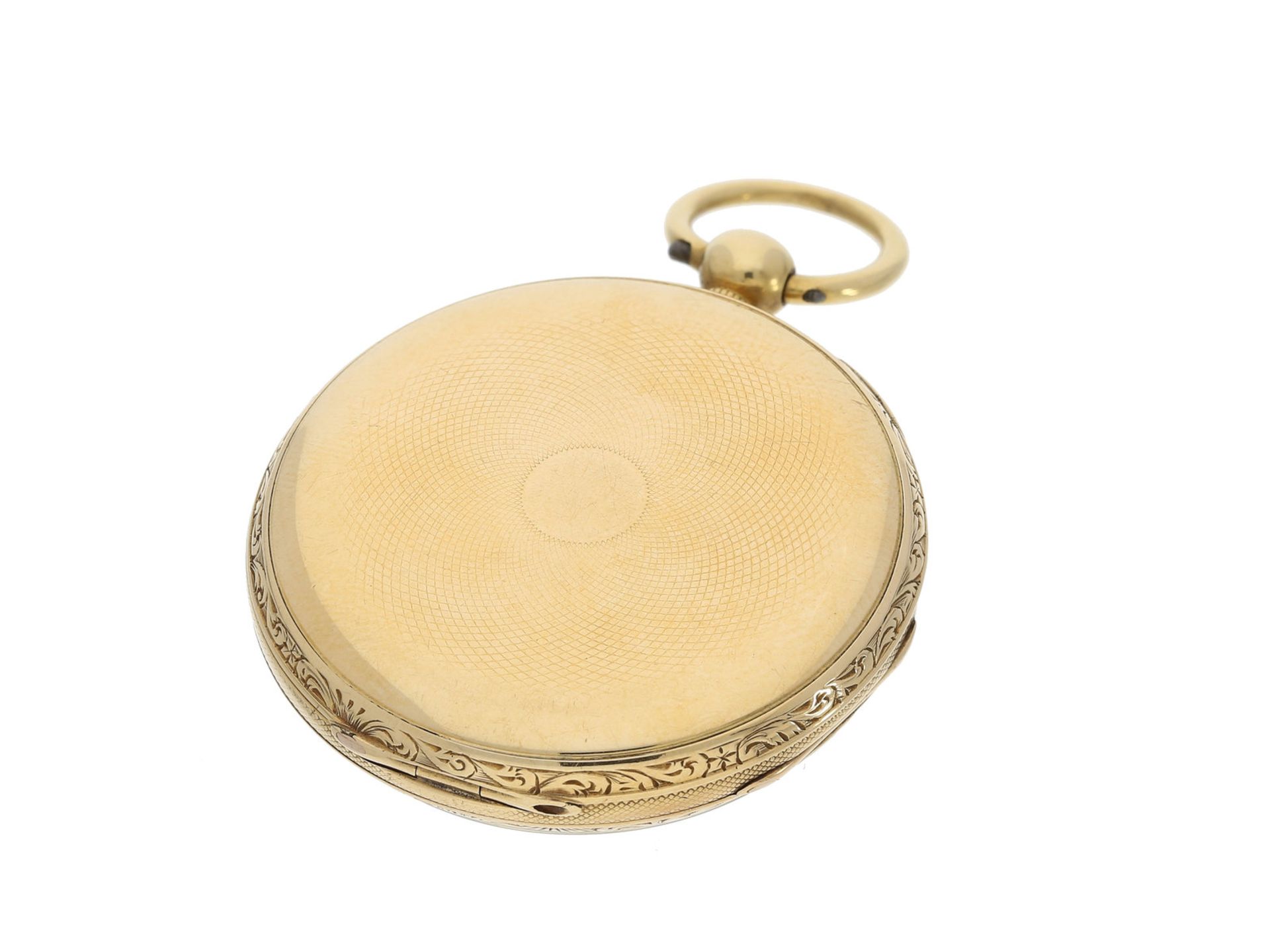 Taschenuhr: attraktive, frühe englische 18K Gold Taschenuhr mit Champlevé-Zifferblatt, Hallmarks - Bild 2 aus 4