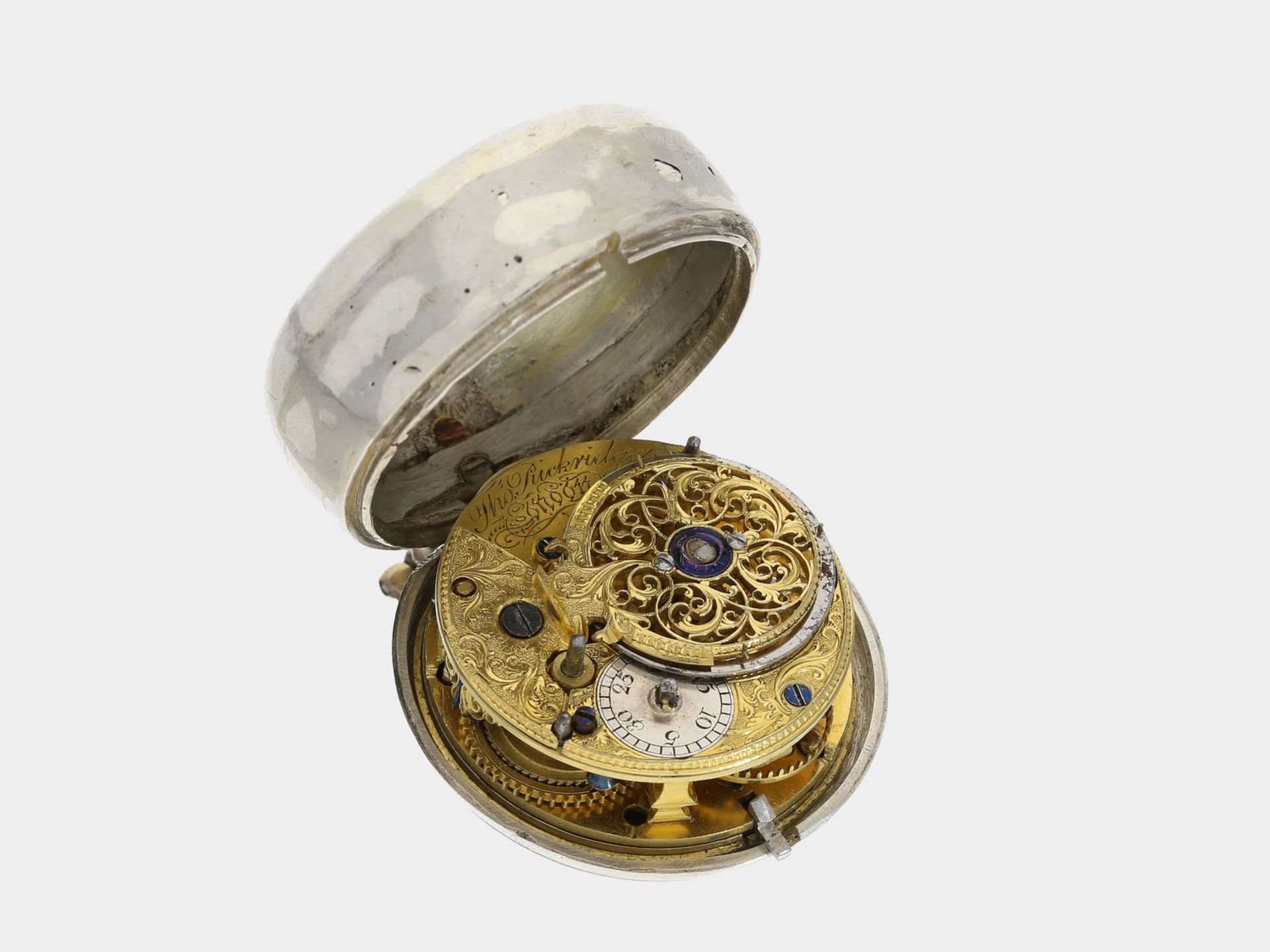 Taschenuhr: frühe Doppelgehäuse Repoussé-Spindeluhr mit sehr feiner Werksqualität, Thomas - Bild 4 aus 4