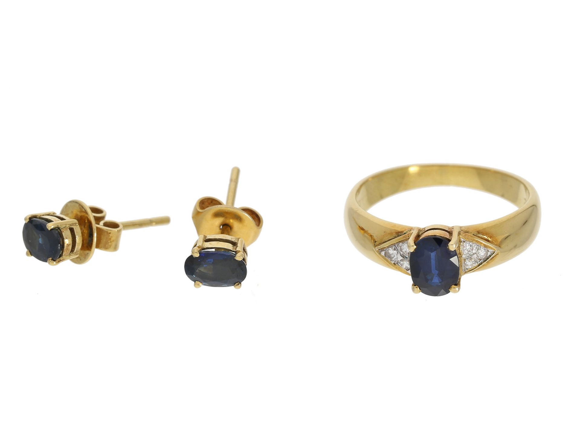 Ohrschmuck/Ring: vintage Saphir/Diamant-Goldring mit passendem Ohrschmuck, 18K Gold