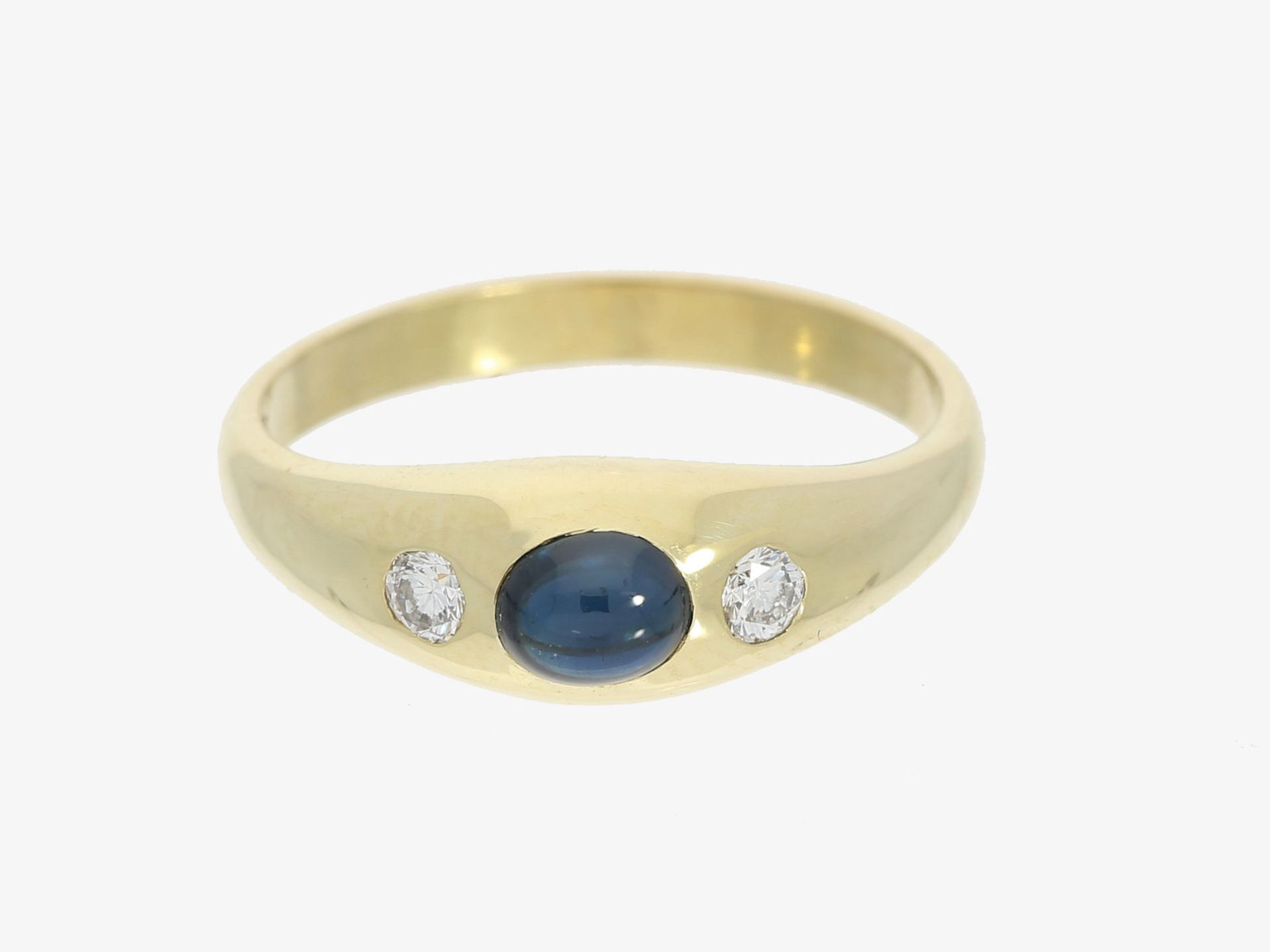 Ring: klassischer Bandring mit Saphir und Brillanten, 14K Gold