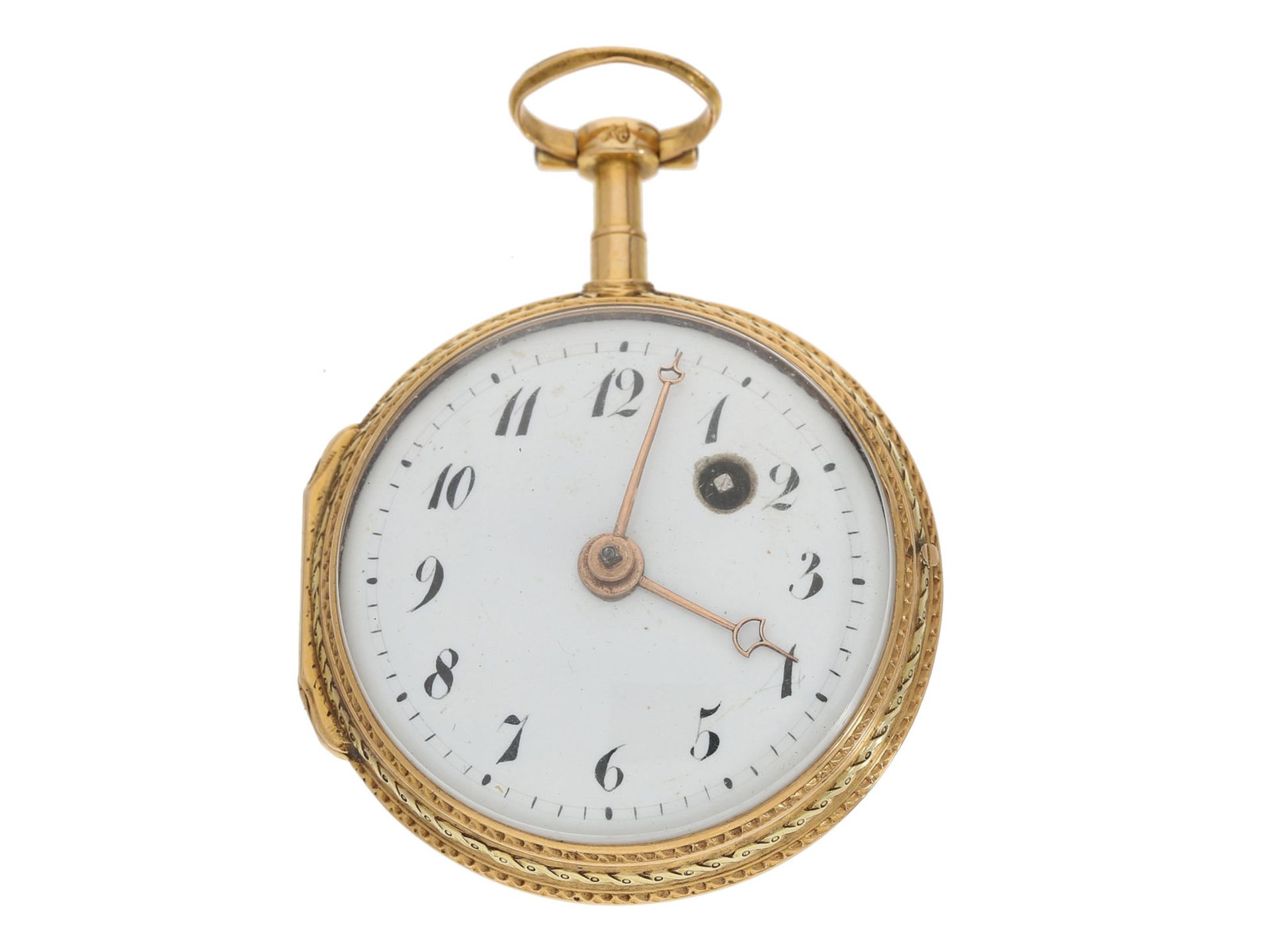 Taschenuhr: frühe französische Spindeluhr, 2 Gemälde mit Lupenmalerei, 18K Gold, Berthoud Paris,