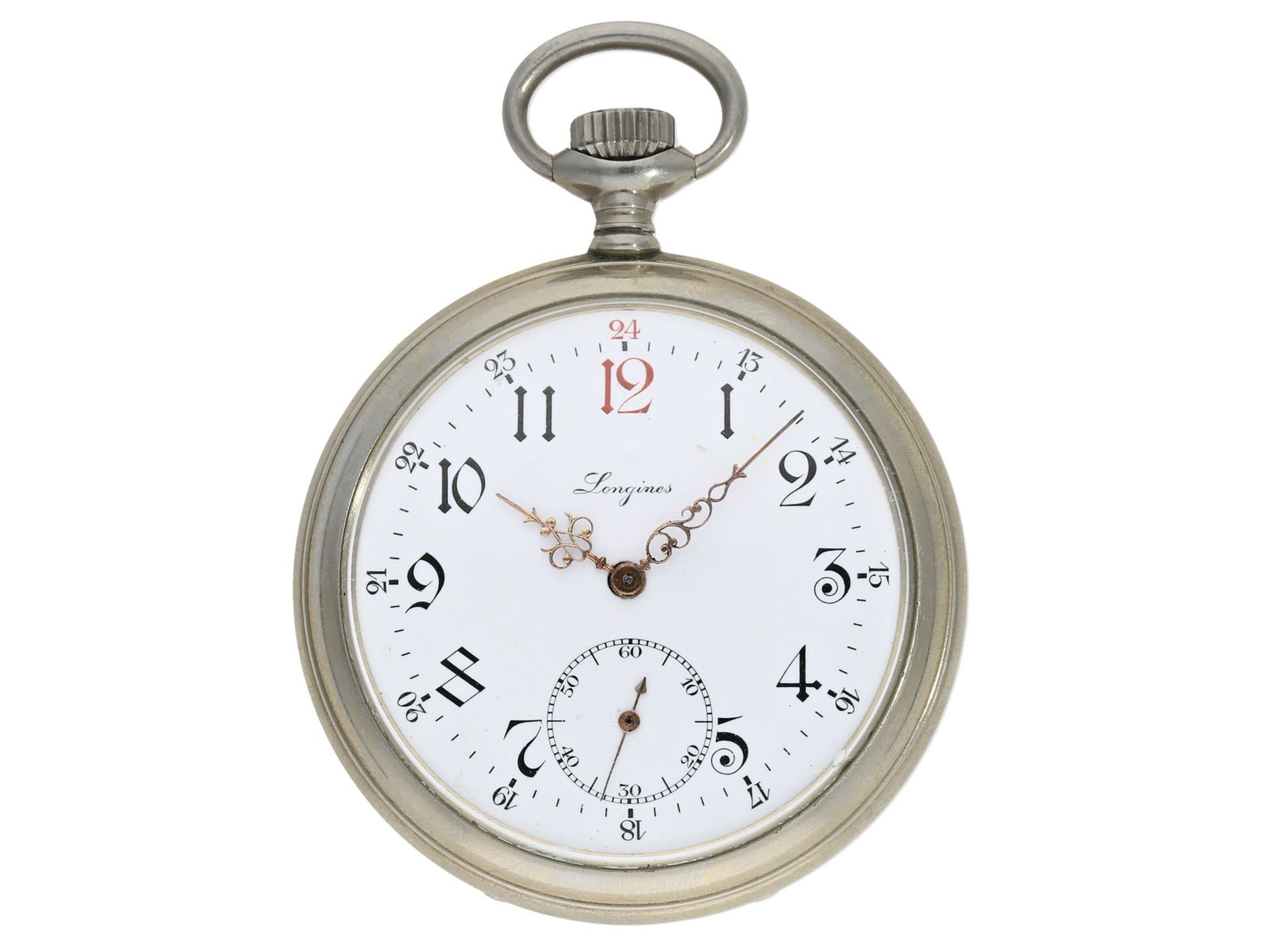 Taschenuhr: außergewöhnliche Longines Jugendstil-Herrentaschenuhr mit Reliefgehäuse, Uhrenkette