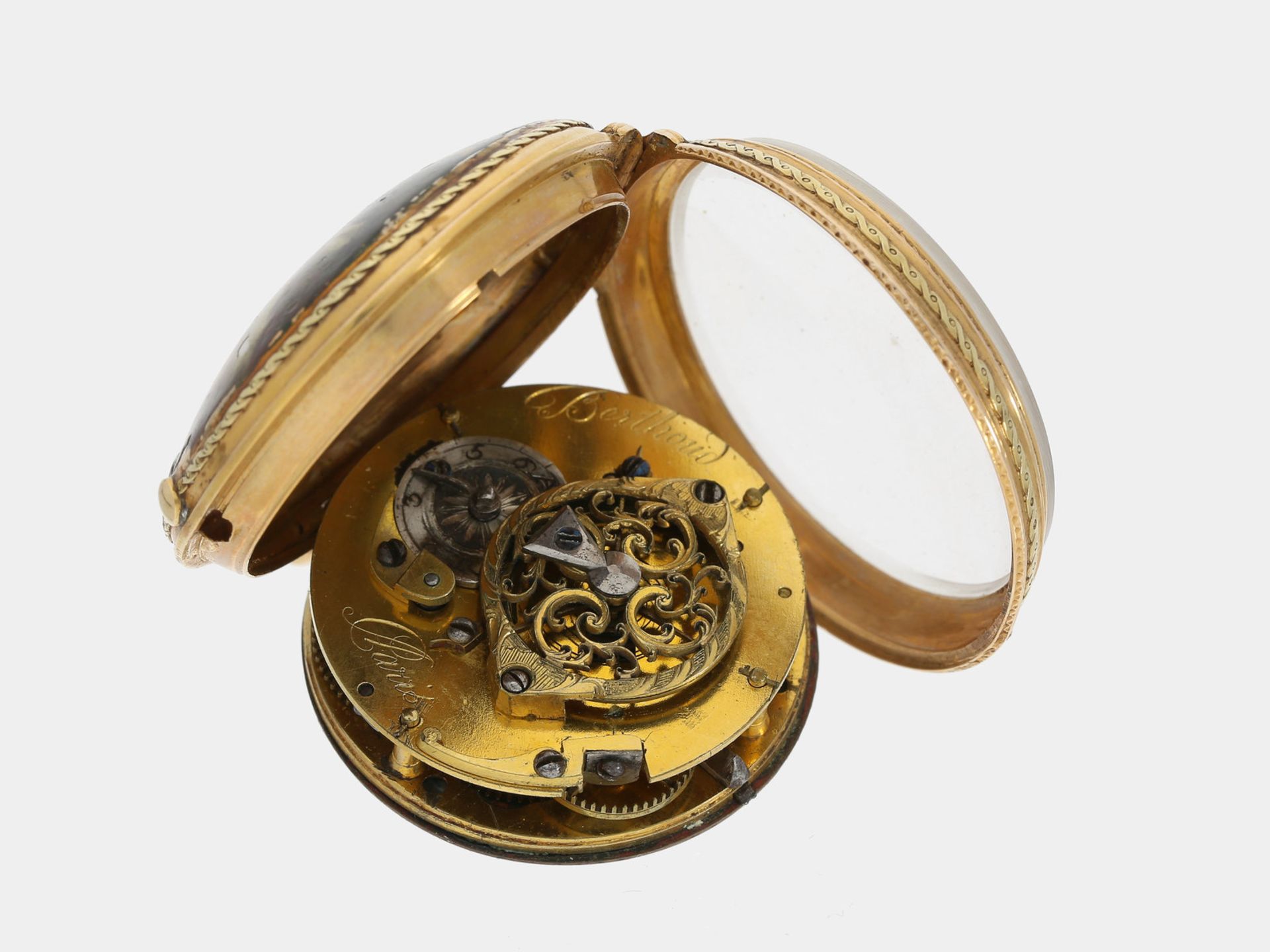 Taschenuhr: frühe französische Spindeluhr, 2 Gemälde mit Lupenmalerei, 18K Gold, Berthoud Paris, - Bild 3 aus 3