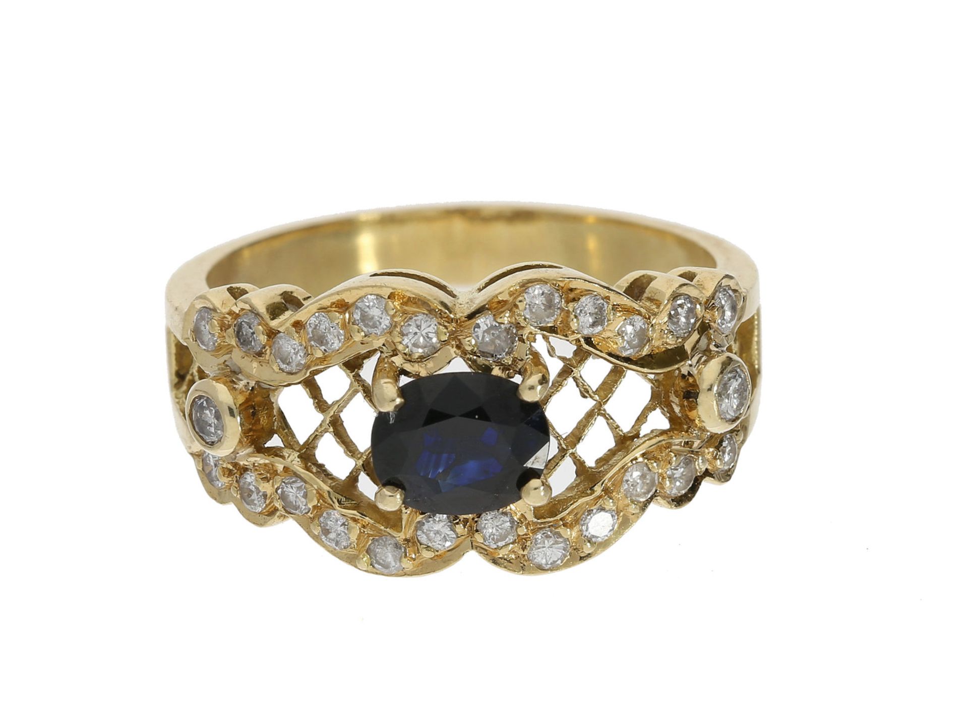 Ring: sehr schöner und ausgefallener Saphir/Brillant-Goldschmiedering, 18K Gold