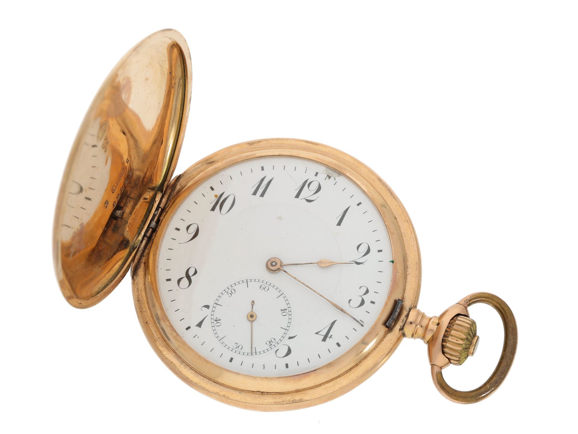 Taschenuhr: rotgoldene Savonnette, feines Präzisionswerk, Schweiz um 1900