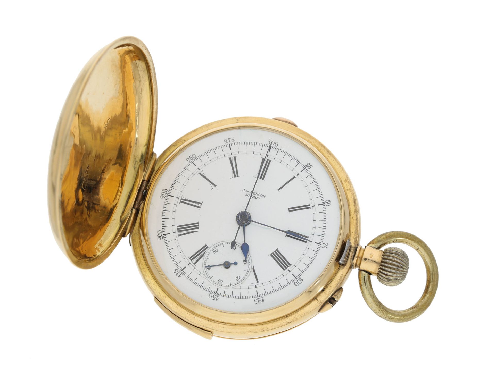 Taschenuhr: hochwertige 18K Goldsavonnette mit Repetition und Chronograph, signiert J.W. Benson
