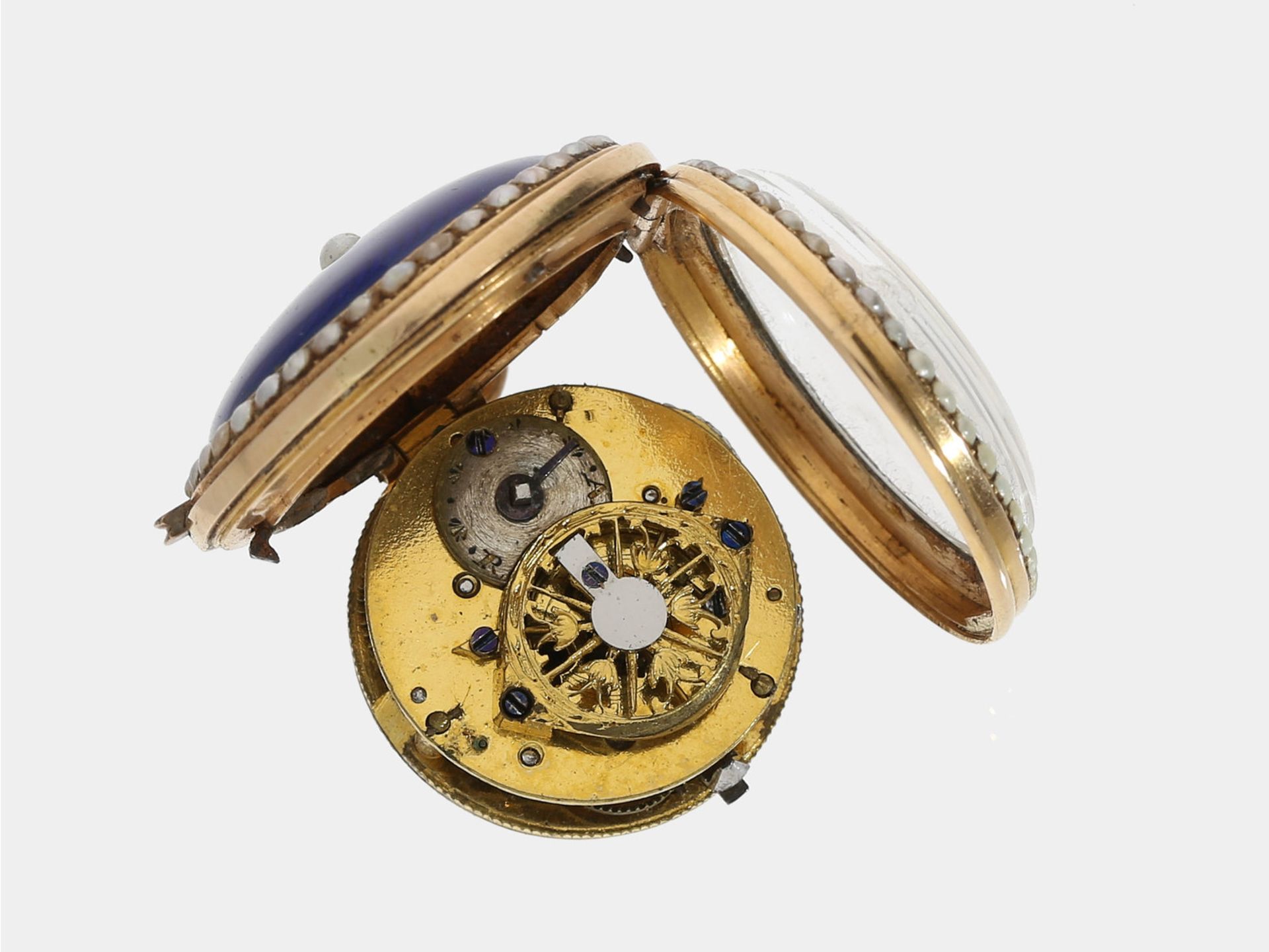 Spindeluhr: ungewöhnliche, kleine Gold/Emaille-Anhängeuhr mit Perlenbesatz, ca. 1800 - Bild 3 aus 4